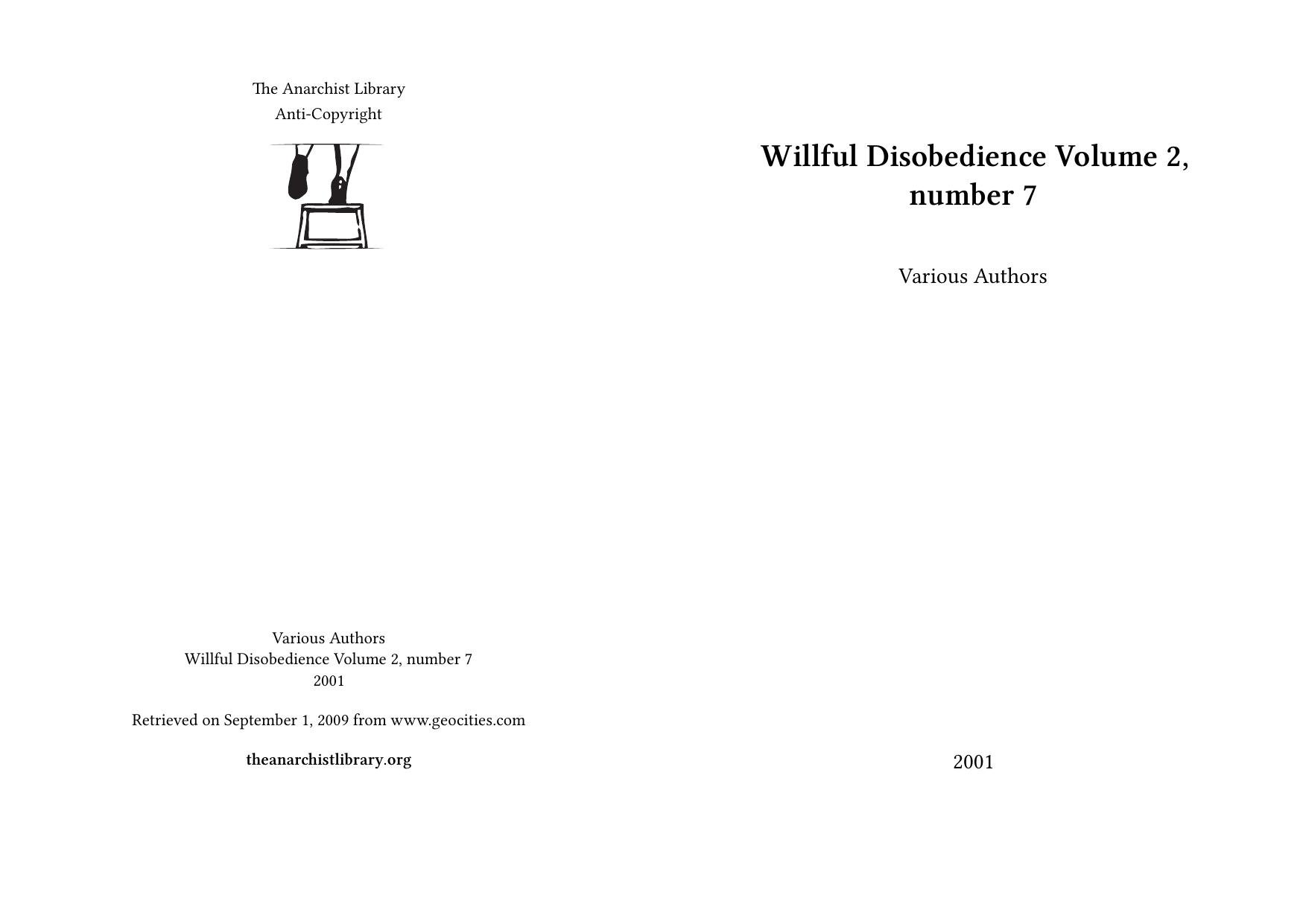 Willful Disobedience Volume 2, number 7 by Anonymous; Michele Pontolillo; Willful Disobedience