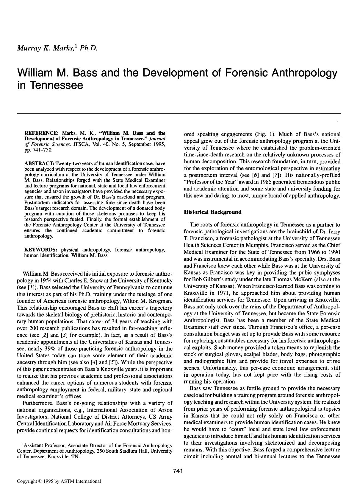 William M. Bass and the Development of Forensic Anthropology in Tennessee by Marks MK