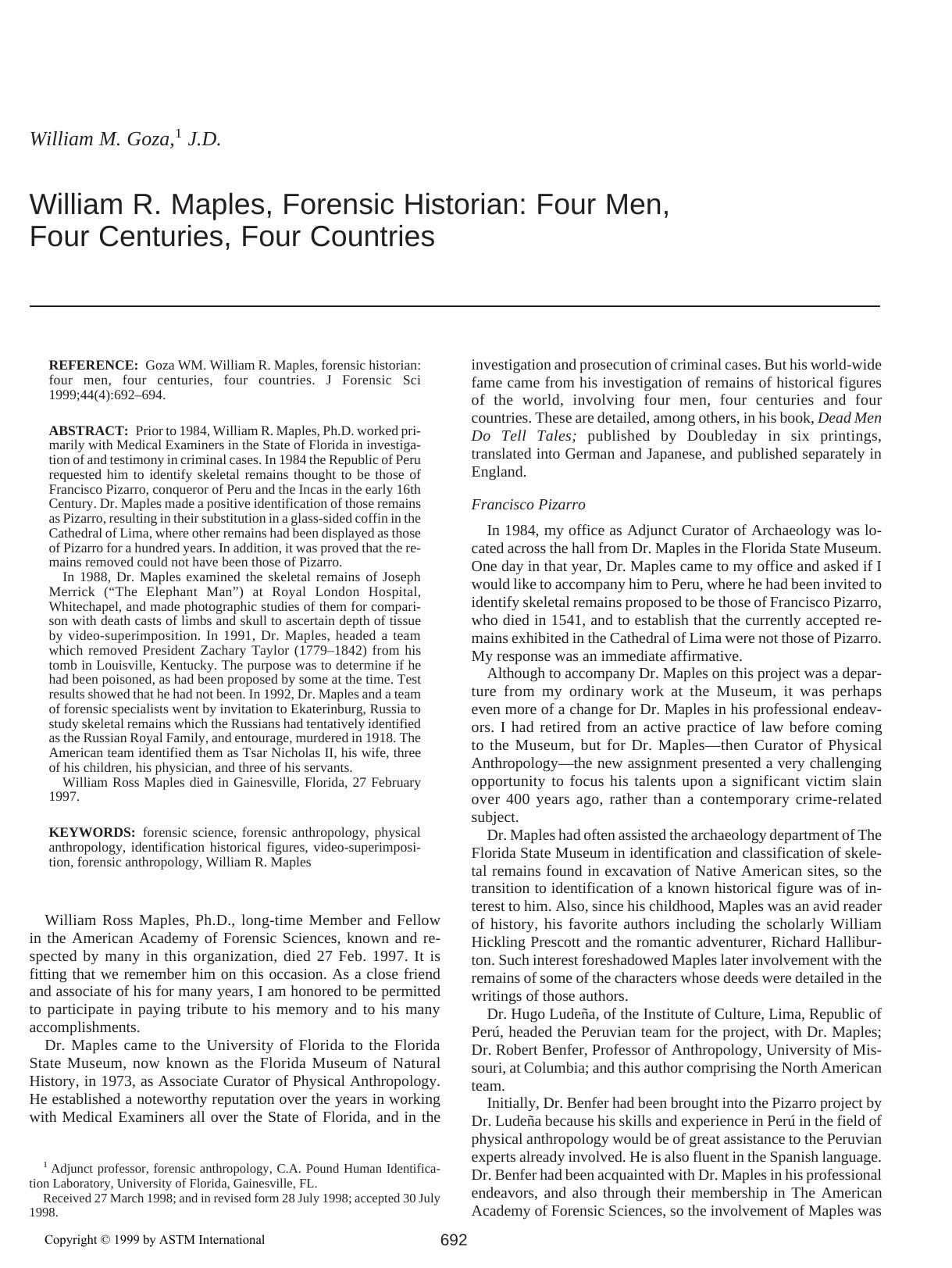 William R. Maples, forensic historian: four men, four centuries, four countries by Goza WM