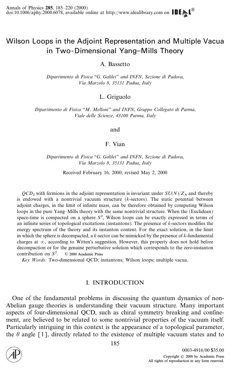Wilson Loops in the Adjoint Representation and Multiple Vacua in Two-Dimensional Yang-Mills Theory by Bassetto A. et al