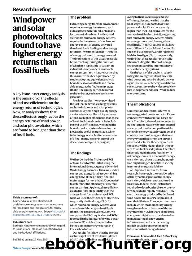 Wind power and solar photovoltaics found to have higher energy returns than fossil fuels by Unknown