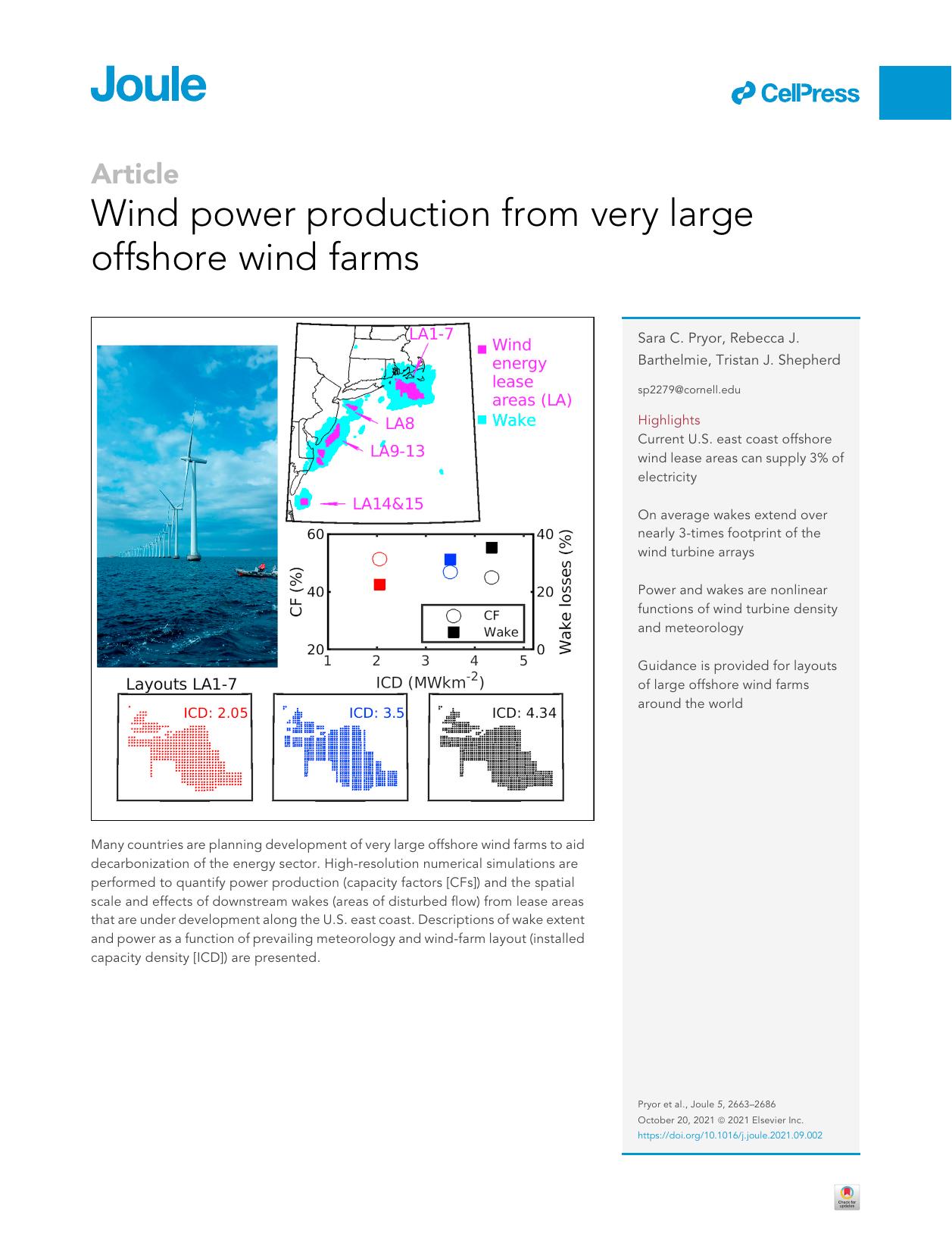 Wind power production from very large offshore wind farms by Sara C. Pryor & Rebecca J. Barthelmie & Tristan J. Shepherd