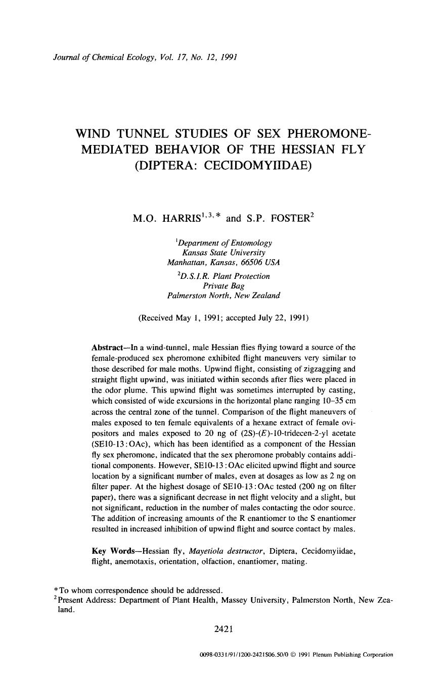 Wind tunnel studies of sex pheromone-mediated behavior of the Hessian fly (Diptera: Cecidomyiidae) by Unknown