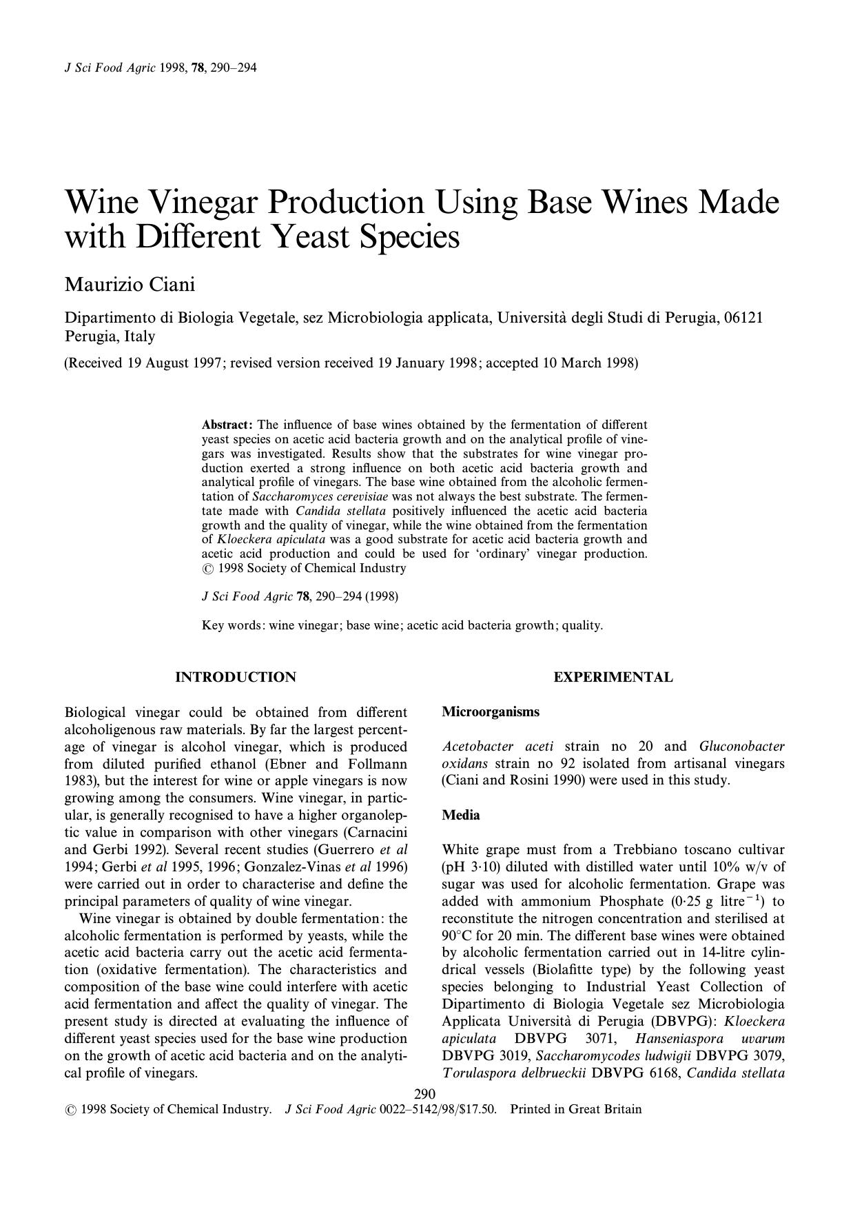 Wine vinegar production using base wines made with different yeast species by Ciani