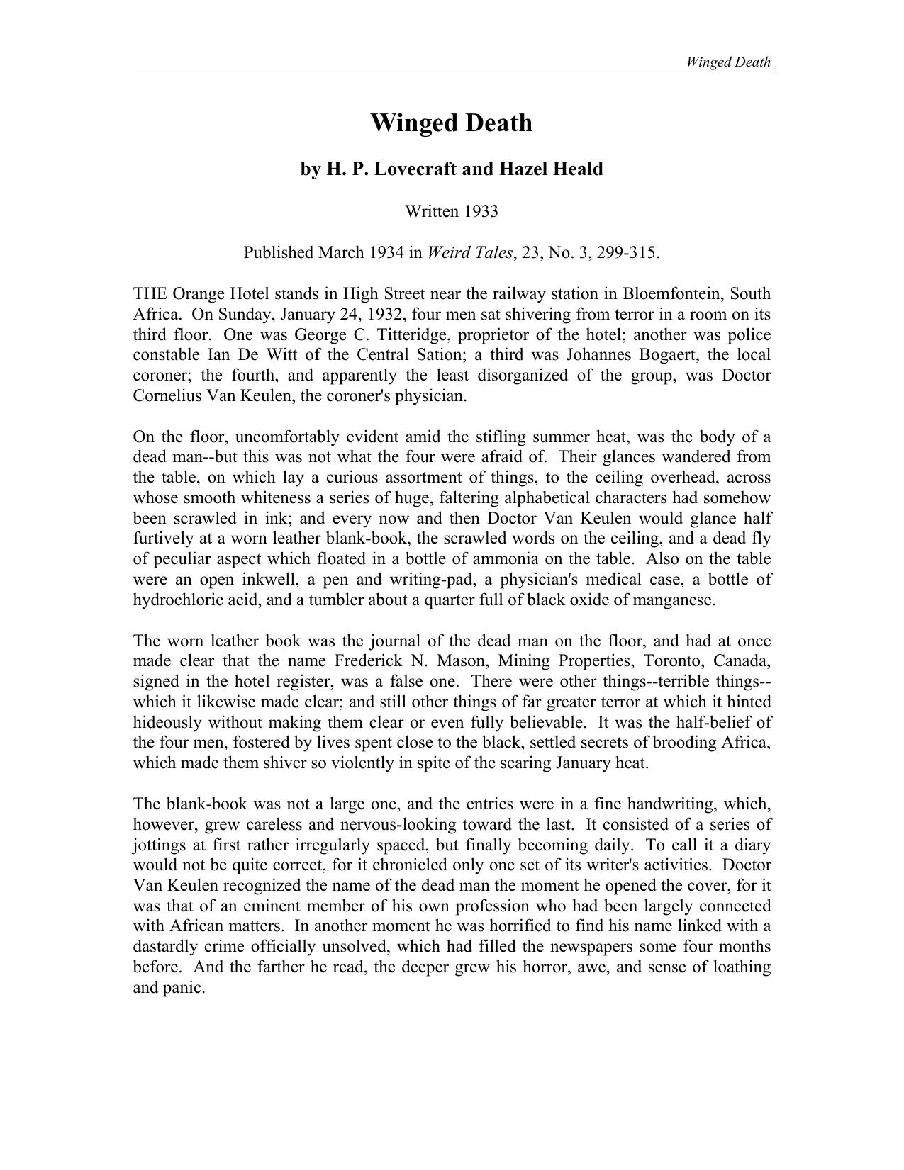 Winged Death by H. P. Lovecraft & Hazel Heald