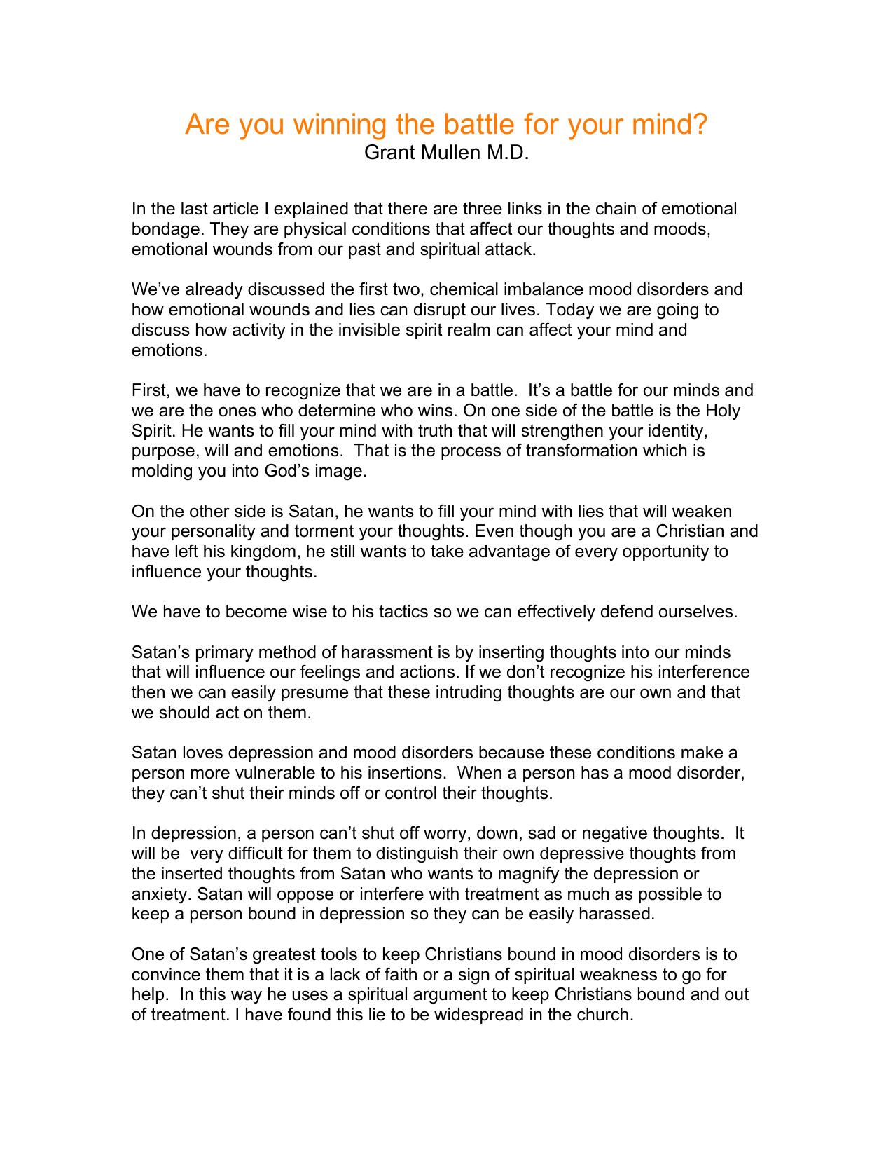 Winning The Battle For Your Mind by Grant Mullen
