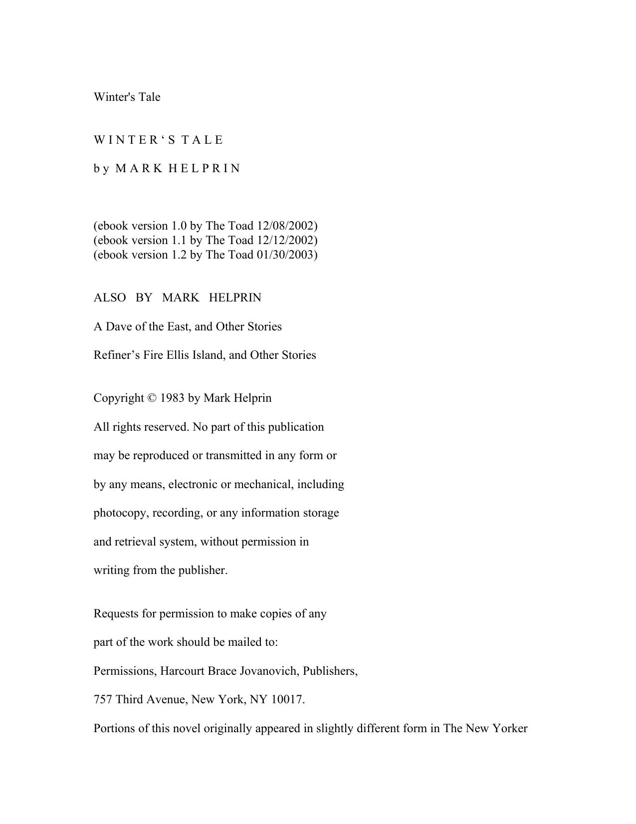 Winter's Tale by Mark Helprin