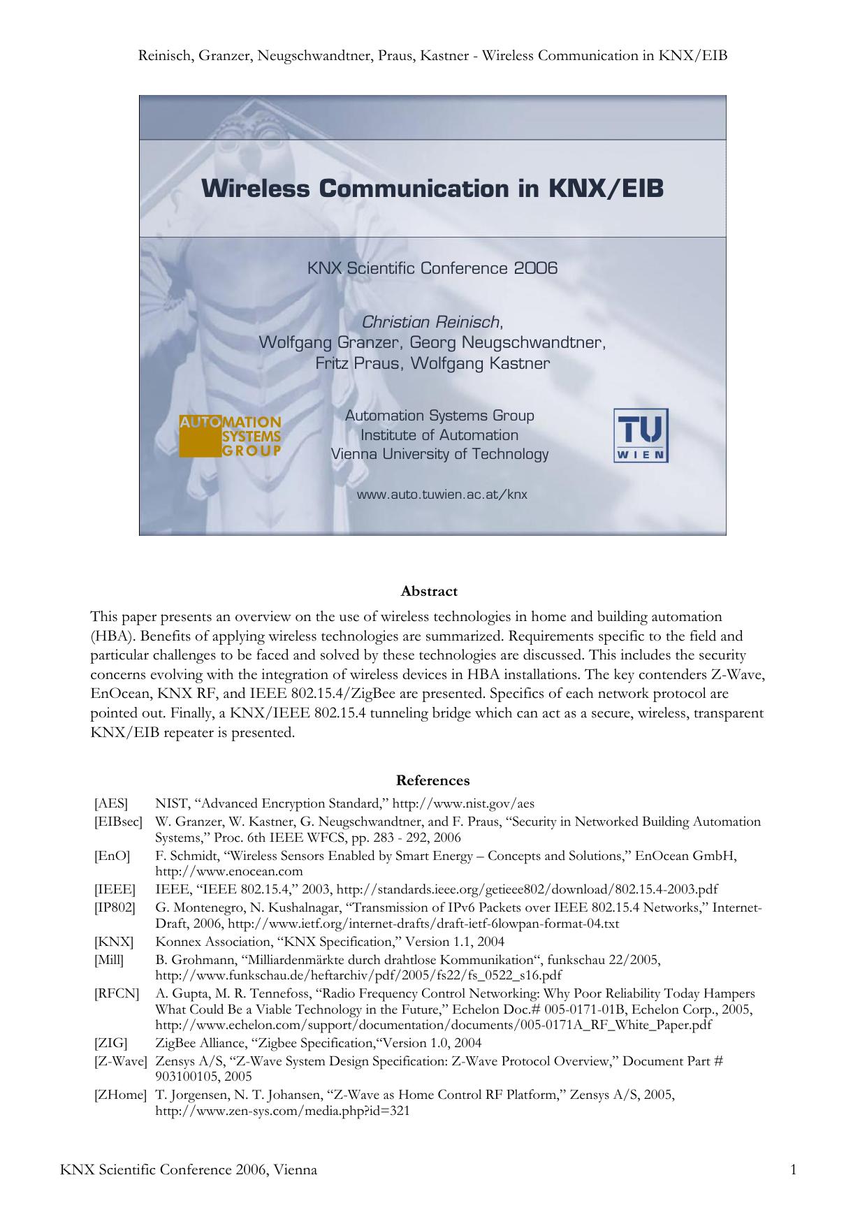 Wireless Communication in KNXEIB by Christian Reinisch & Wolfgang Granzer & Georg Neugschwandtner & Fritz Praus & Wolfgang Kastner