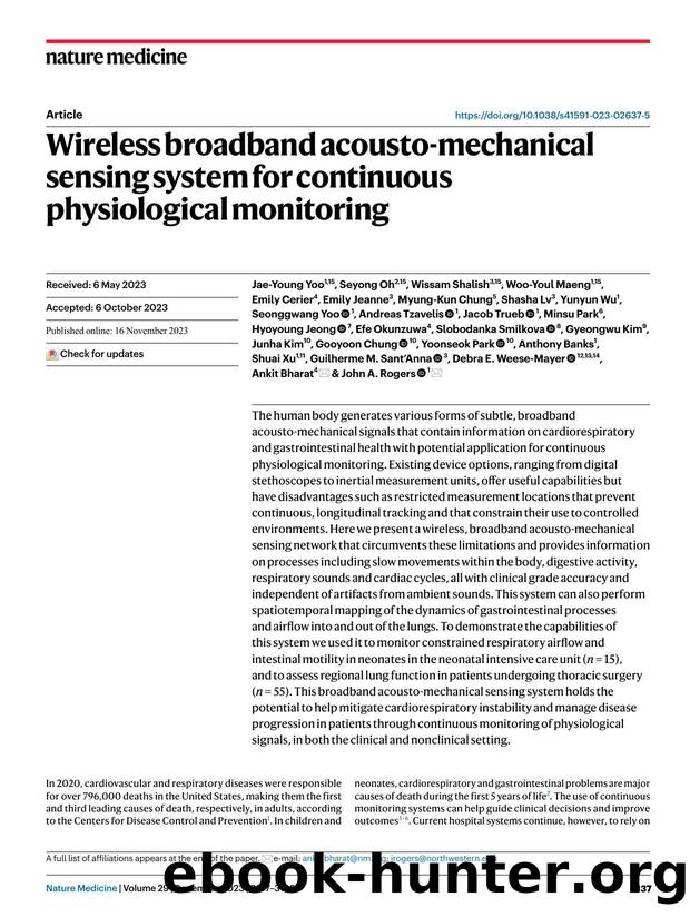 Wireless broadband acousto-mechanical sensing system for continuous physiological monitoring by unknow