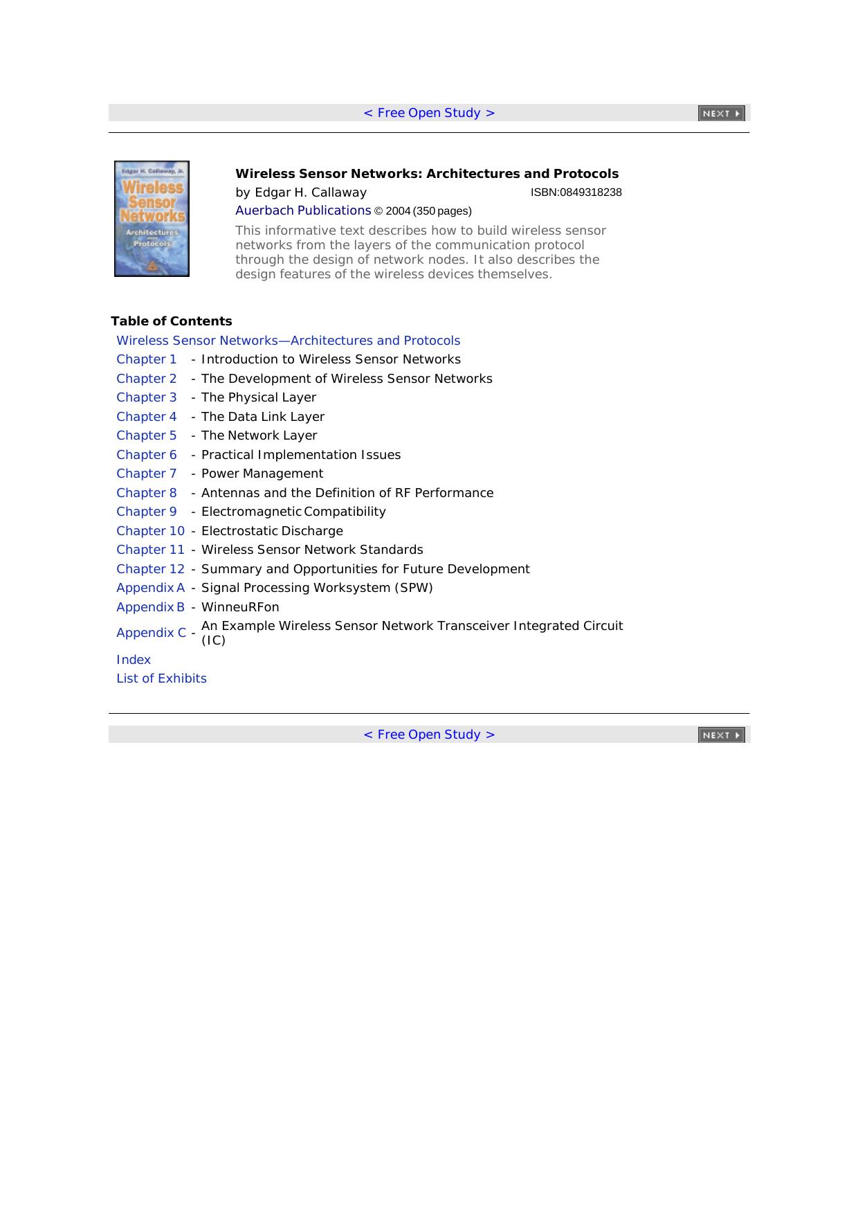 Wireless sensor networks: architectures and protocols by Edgar H. Callaway Jr