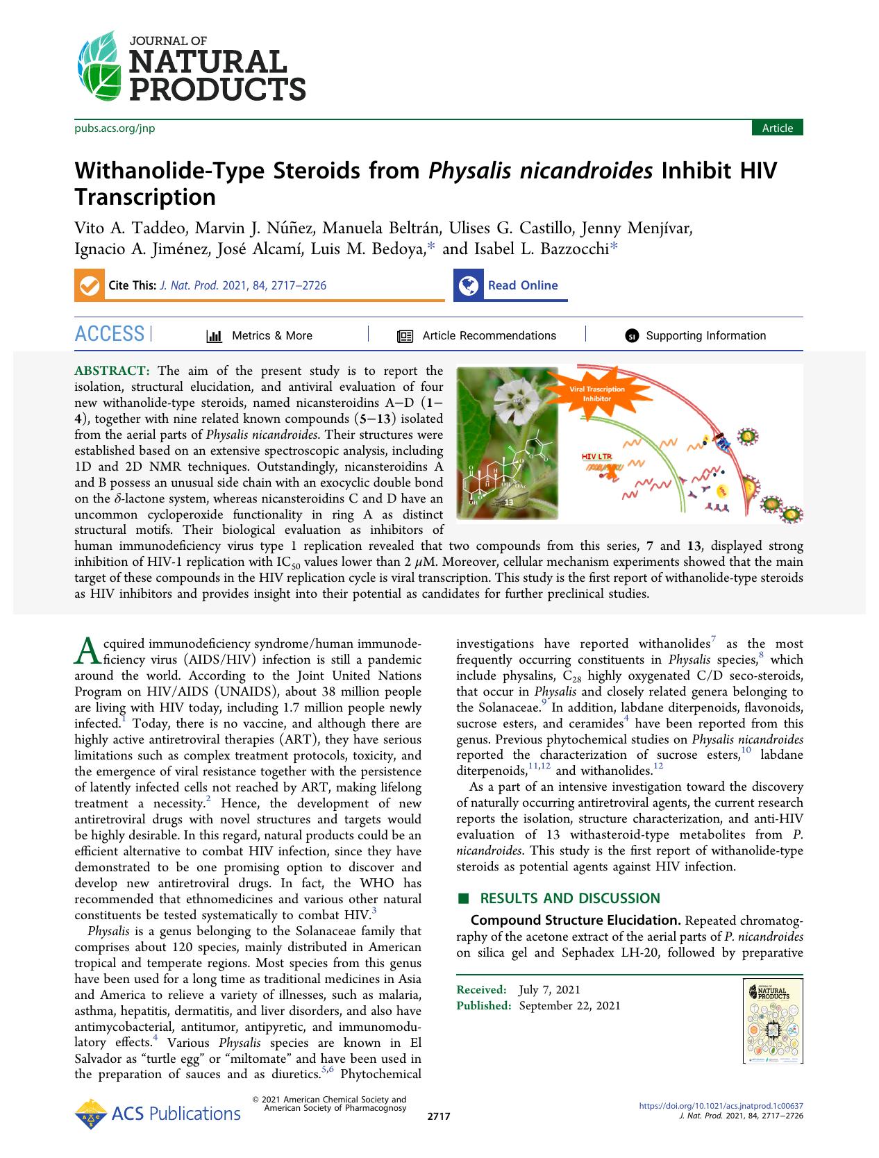 Withanolide-Type Steroids from Physalis nicandroides Inhibit HIV Transcription by unknow