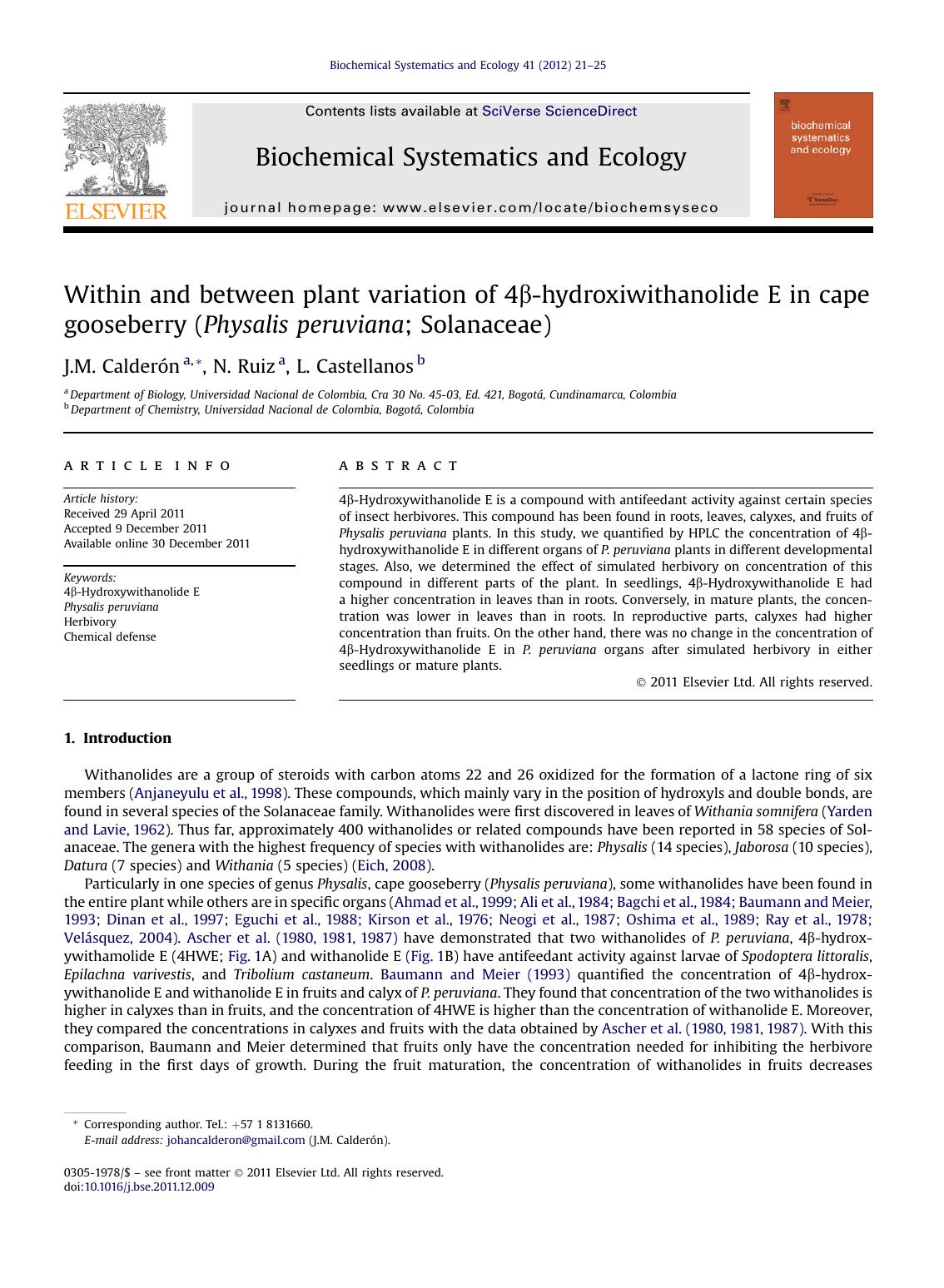 Within and between plant variation of 4&beta;-hydroxiwithanolide E in cape gooseberry (Physalis peruviana; Solanaceae) by J.M. Calderón & N. Ruiz & L. Castellanos
