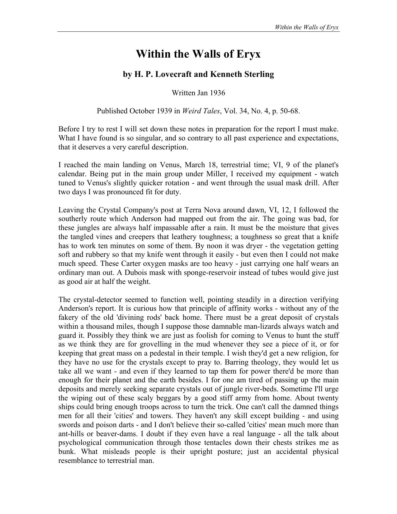 Within the Walls of Eryx by H. P. Lovecraft & Kenneth Sterling