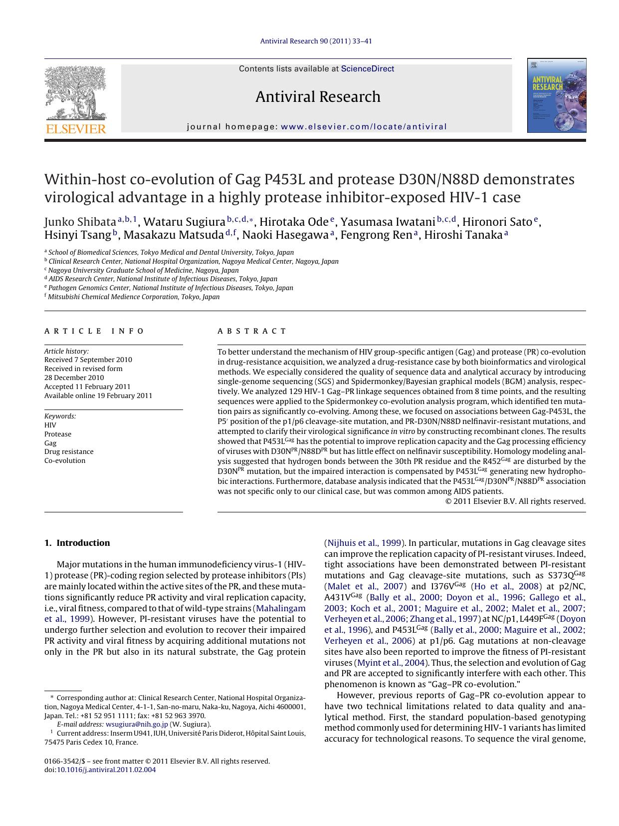 Within-host co-evolution of Gag P453L and protease D30NN88D demonstrates virological advantage in a highly protease inhibitor-exposed HIV-1 case by Junko Shibata