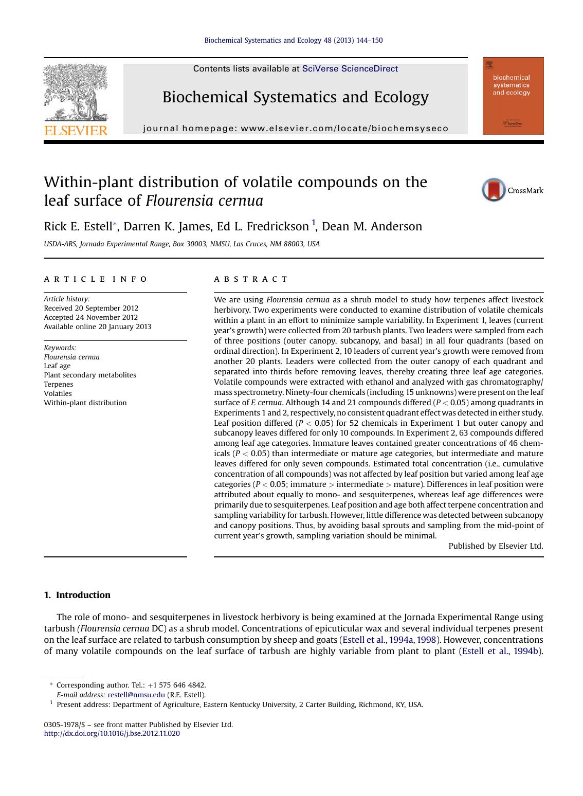 Within-plant distribution of volatile compounds on the leaf surface of Flourensia cernua by Rick E. Estell & Darren K. James & Ed L. Fredrickson & Dean M. Anderson