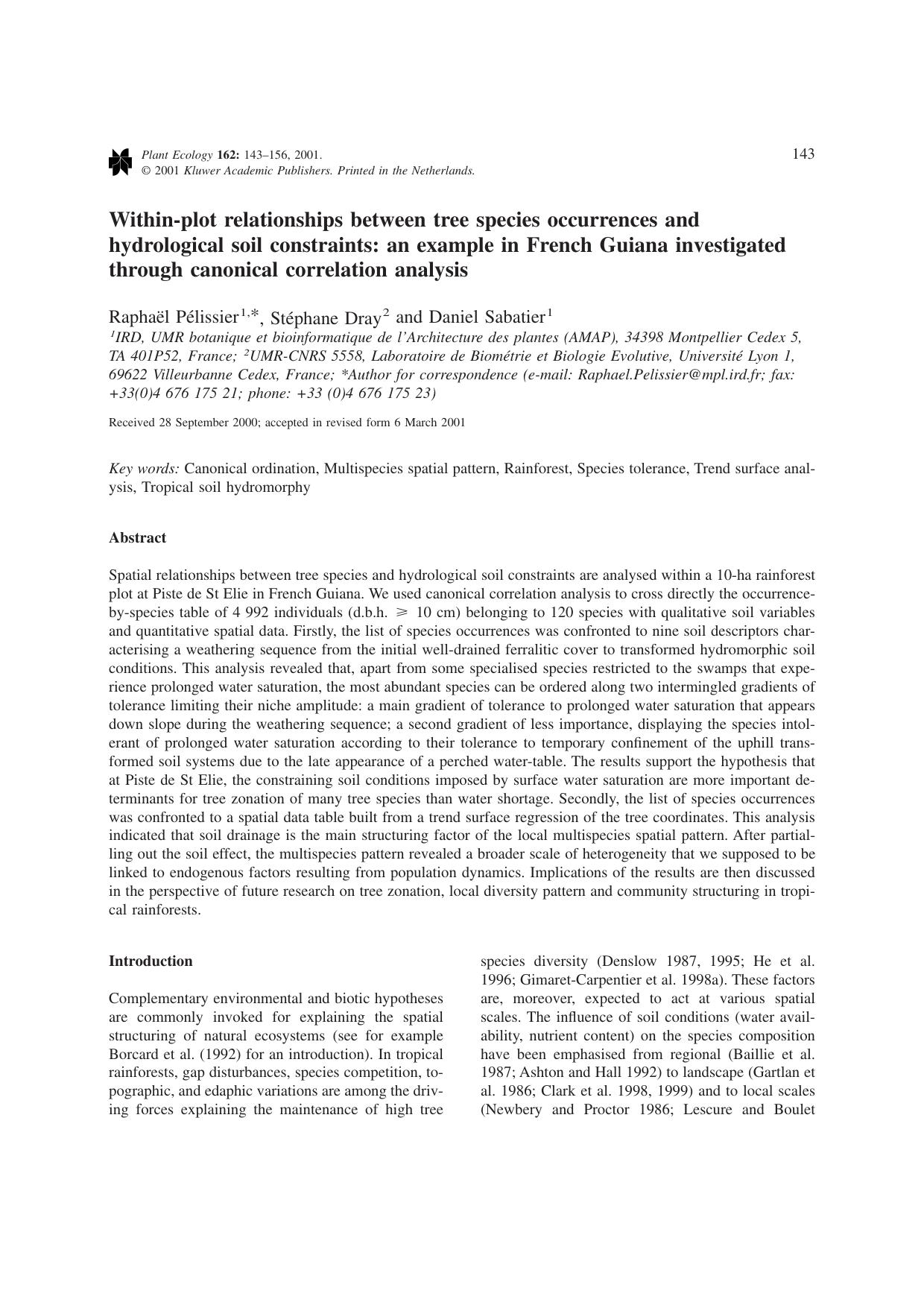 Within-plot relationships between tree species occurrences and hydrological soil constraints: an example in French Guiana investigated through canonical correlation analysis by Unknown