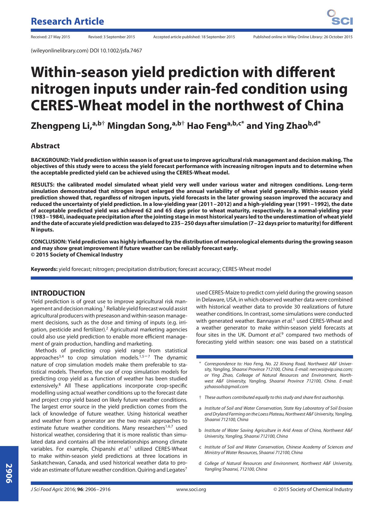 Within-season yield prediction with different nitrogen inputs under rain-fed condition using CERES-Wheat model in the northwest of China by Unknown