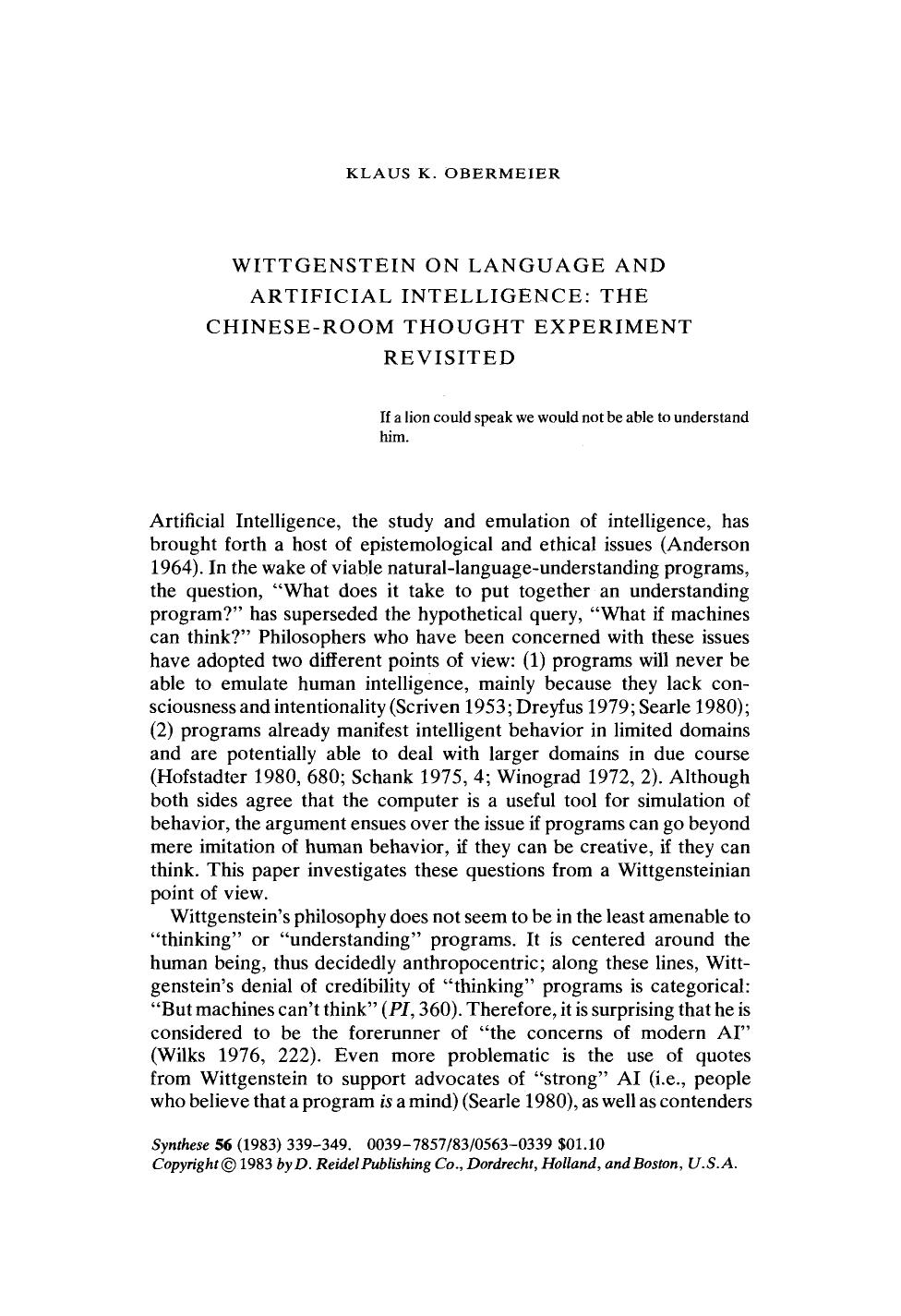 Wittgenstein on language and artificial intelligence: The Chinese-room thought experiment revisited by Unknown