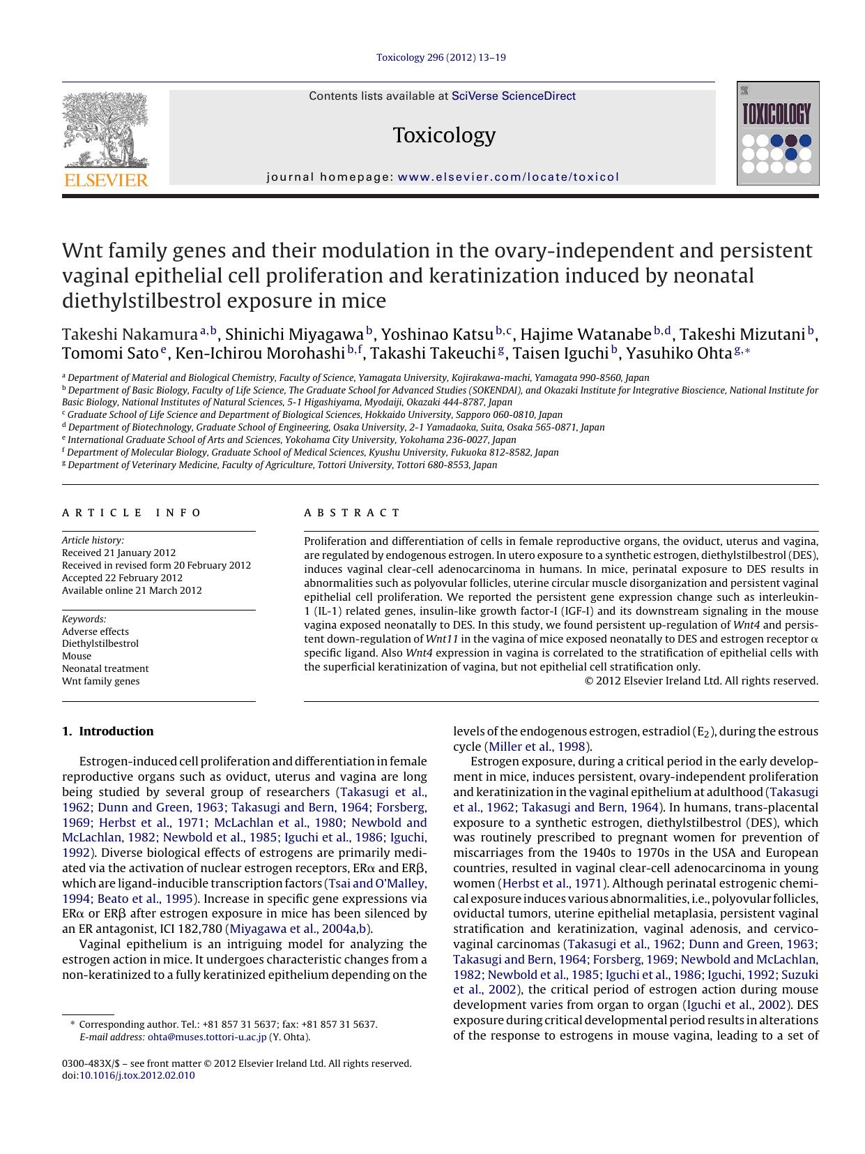 Wnt family genes and their modulation in the ovary-independent and persistent vaginal epithelial cell proliferation and keratinization induced by neonatal diethylstilbestrol exposure in mice by Takeshi Nakamura