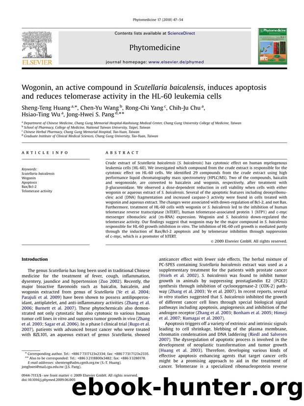Wogonin, an active compound in Scutellaria baicalensis, induces apoptosis and reduces telomerase activity in the HL-60 leukemia cells by Sheng-Teng Huang; Chen-Yu Wang; Rong-Chi Yang; Chih-Ju Chu; Hsiao-Ting Wu; Jong-Hwei S. Pang