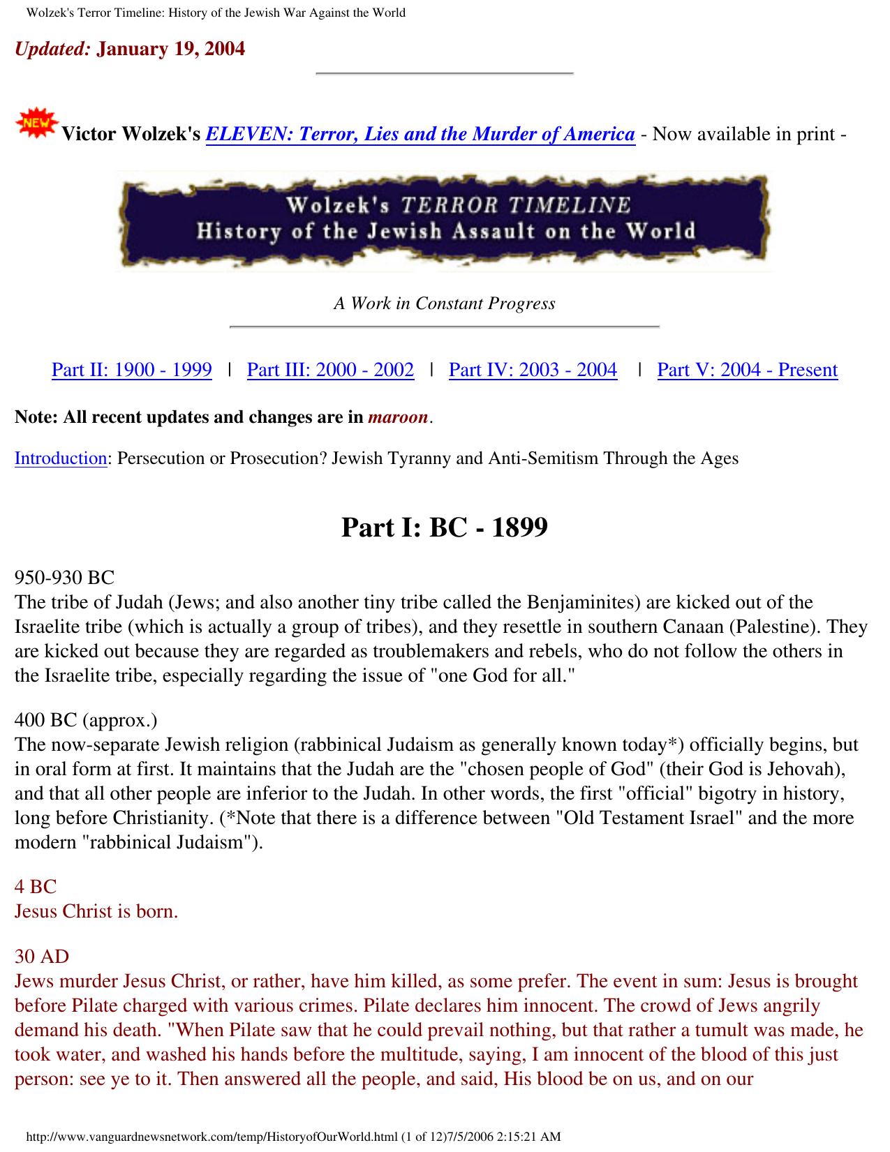 Wolzek's Terror Timeline: History of the Jewish War Against the World by Jewish lobby in America)