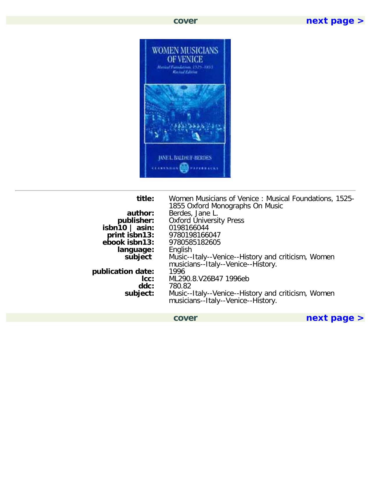 Women Musicians of Venice: Musical Foundations, 1525-1855 (Oxford Monographs on Music) by Jane J. Baldauf-Berdes