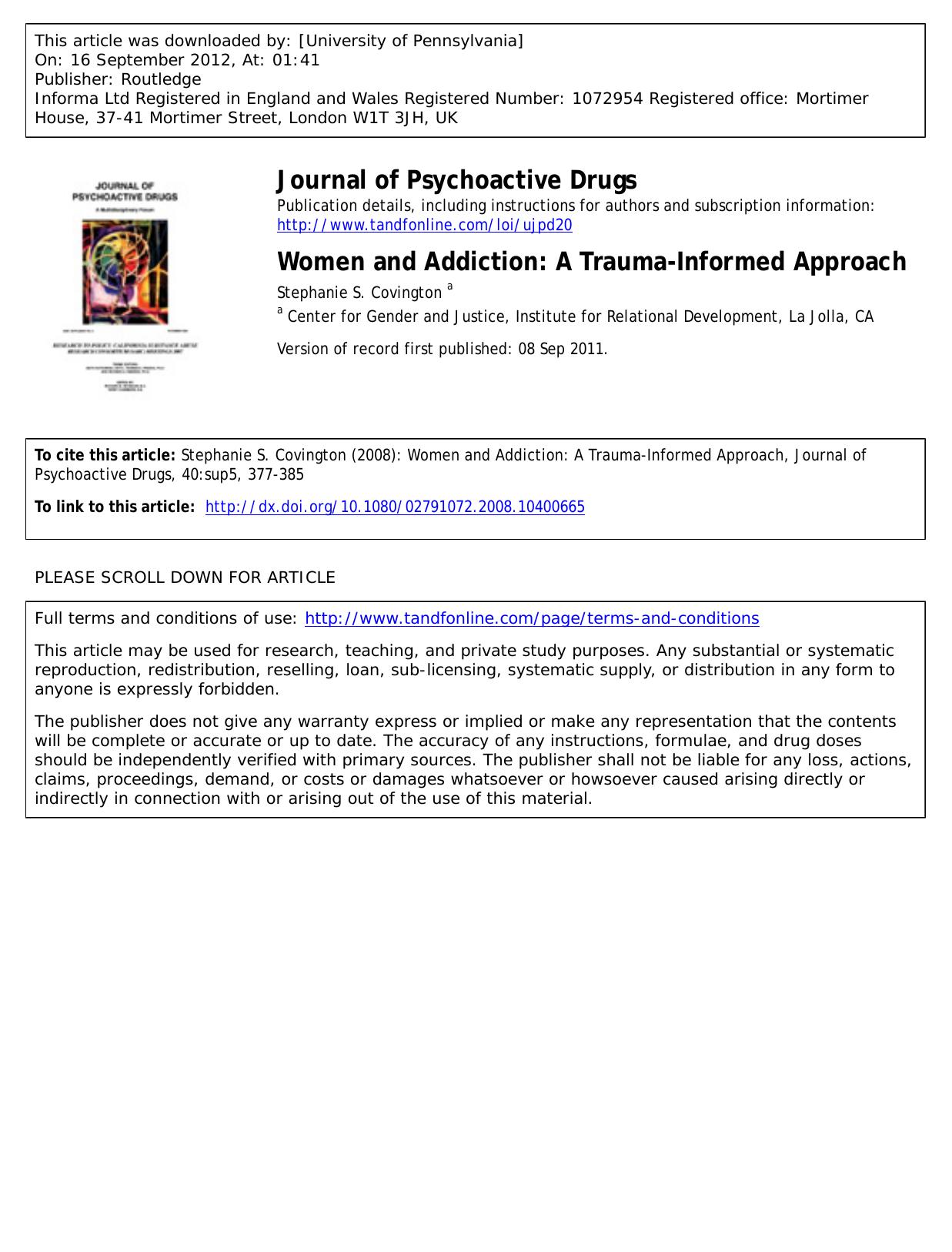Women and Addiction: A Trauma-Informed Approach by Stephanie S. Covington a sc@stephaniecovington.com