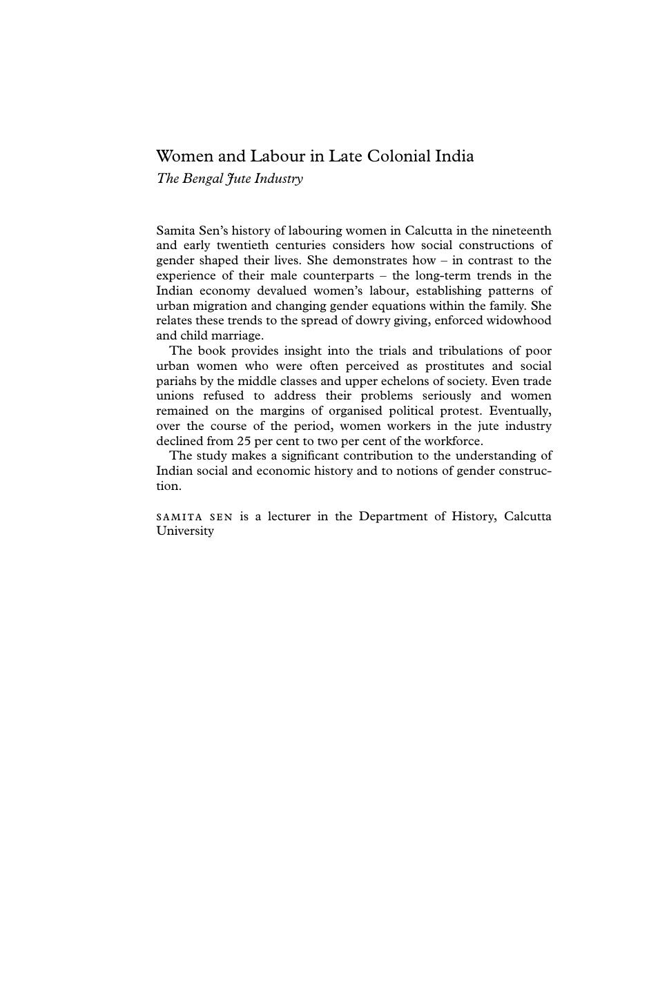 Women and Labour in Late Colonial India: The Bengal Jute Industry by Samita Sen