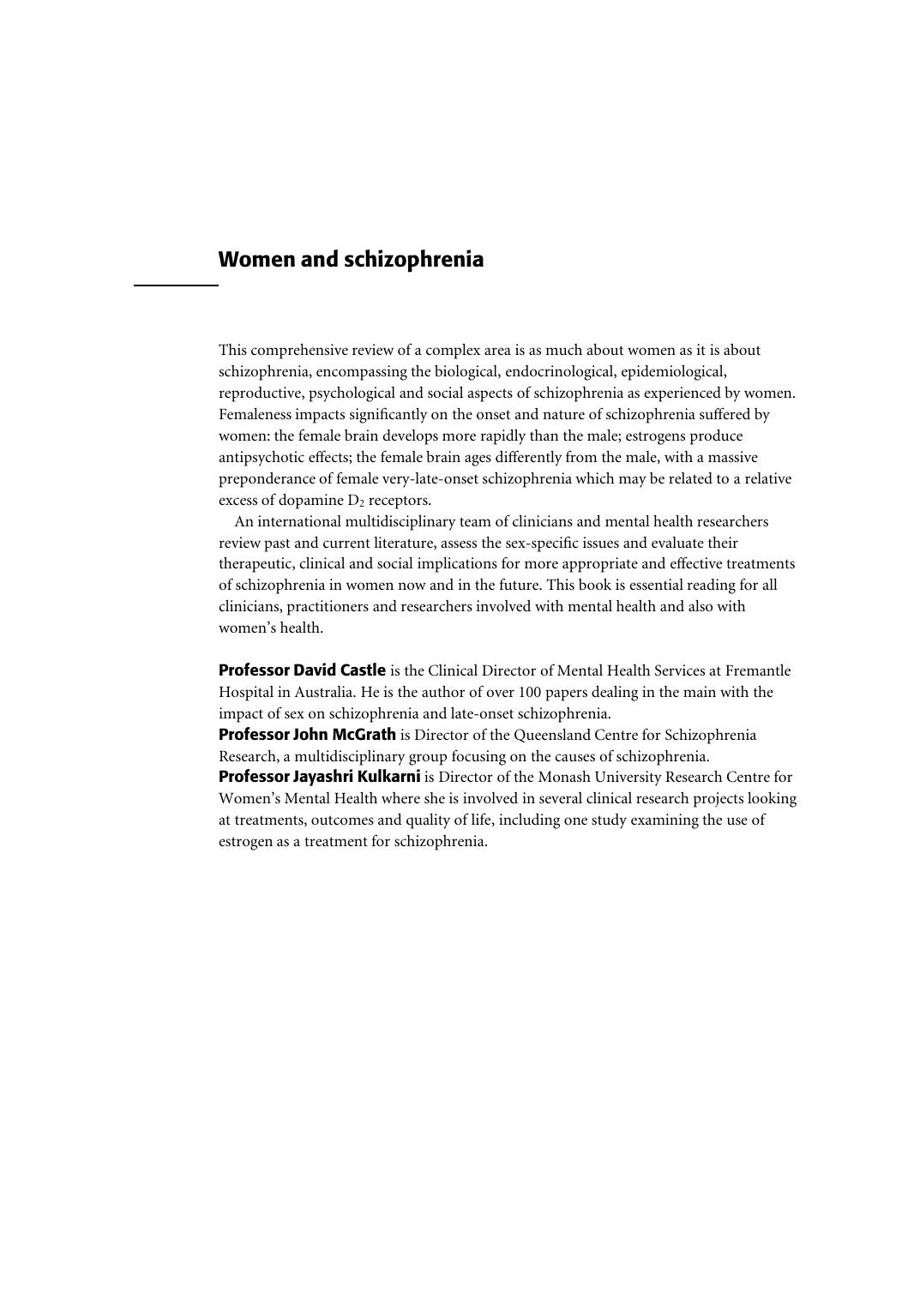 Women and Schizophrenia by David J. Castle John McGrath Jayashri Kulkarni