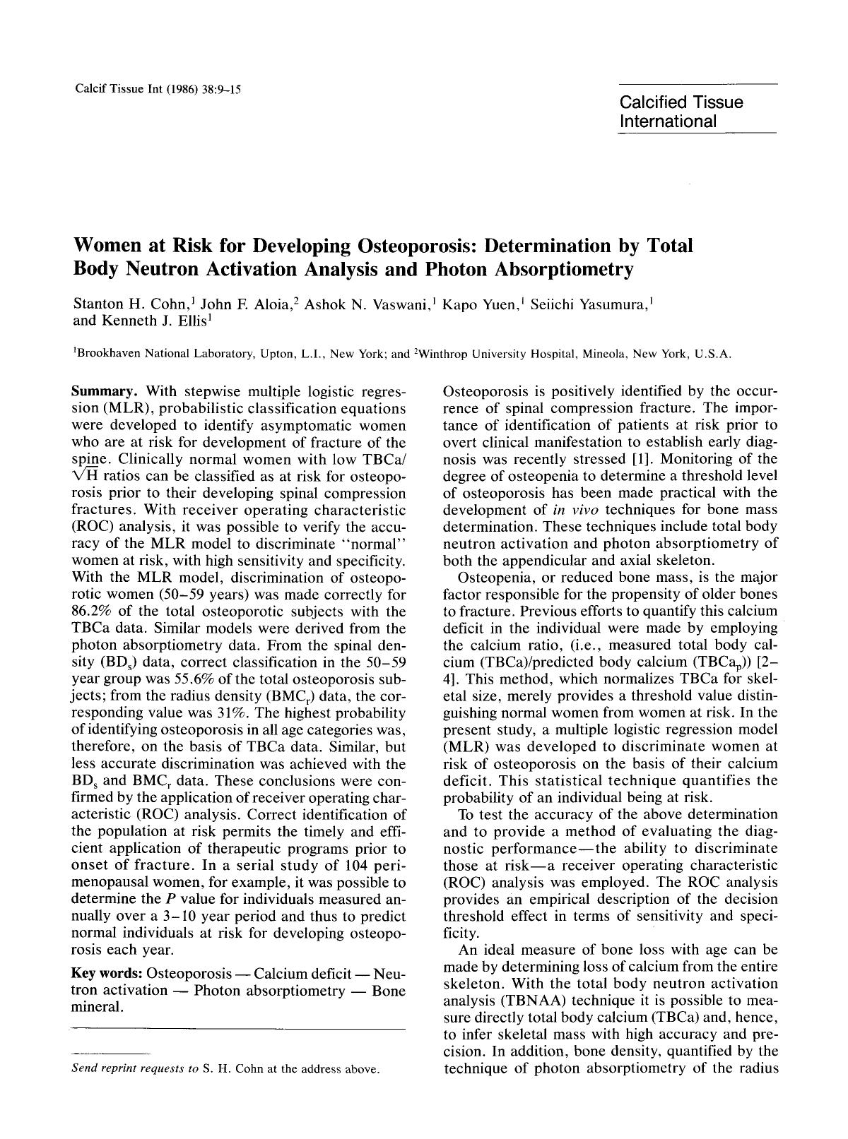 Women at risk for developing osteoporosis: Determination by total body neutron activation analysis and photon absorptiometry by Unknown