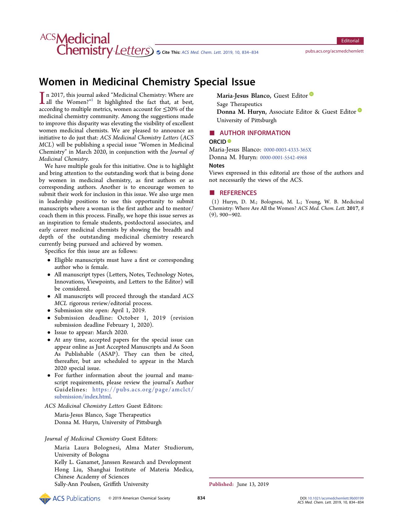 Women in Medicinal Chemistry Special Issue by Maria-Jesus Blanco; Donna M. Huryn & Donna M. Huryn