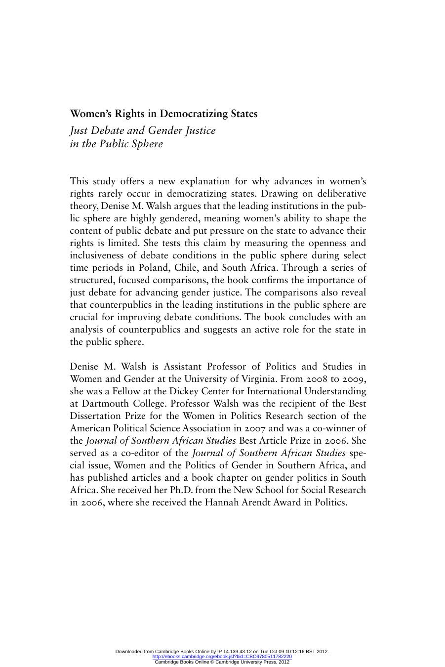 Women's Rights in Democratizing States: Just Debate and Gender Justice in the Public Sphere Hardcover by Denise M. Walsh