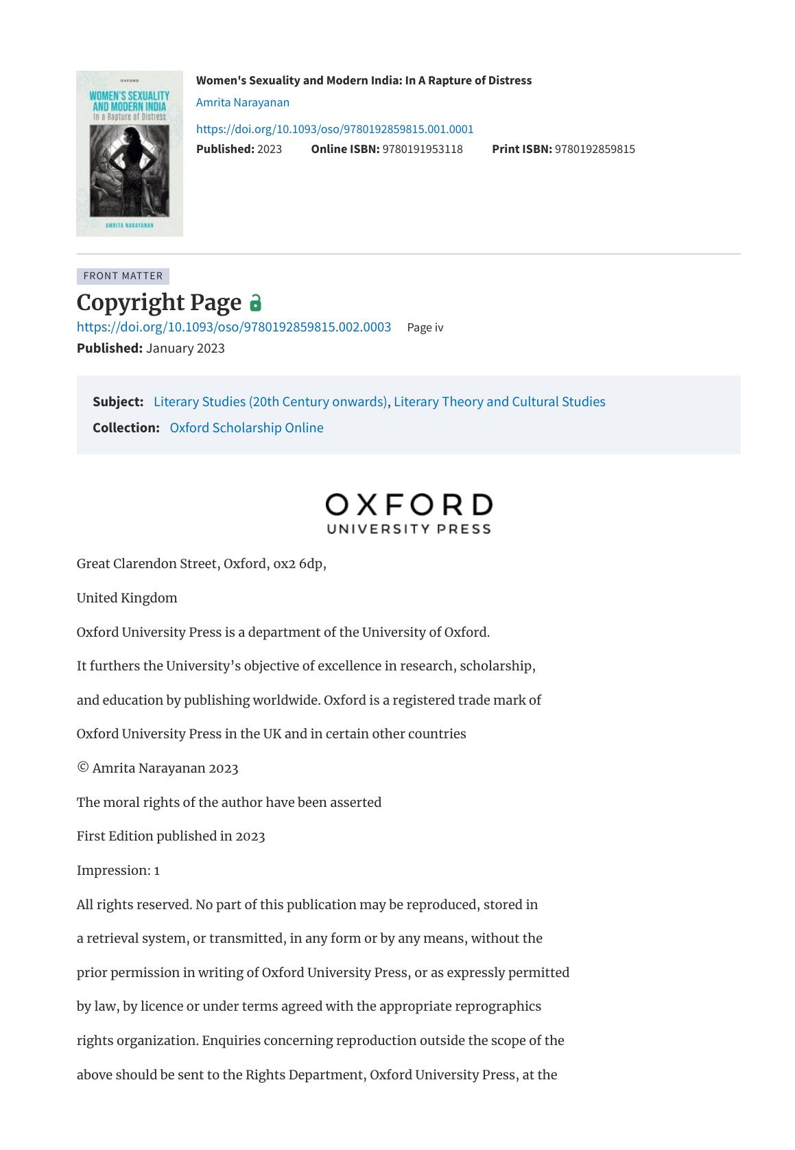 Women's Sexuality and Modern India: In a Rapture of Distress by Amrita Narayanan