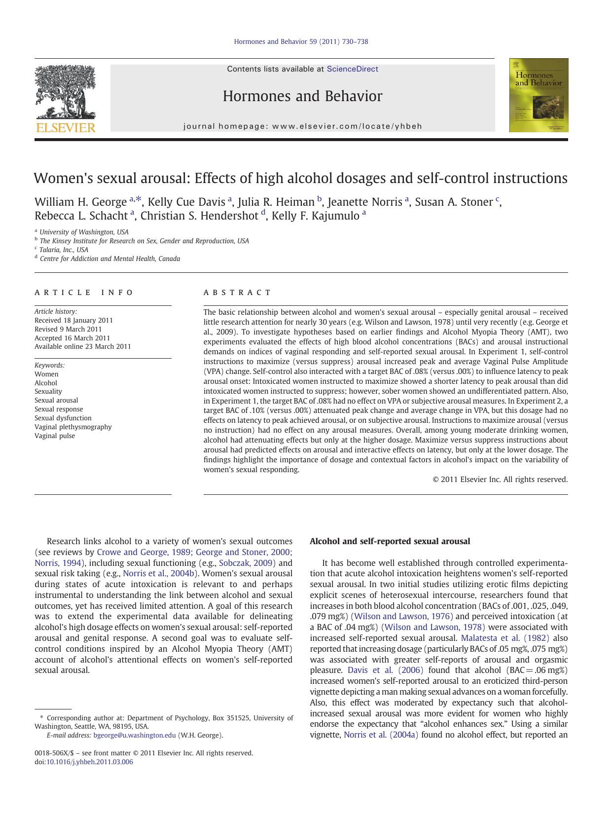 Women's sexual arousal: Effects of high alcohol dosages and self-control instructions by William H. George