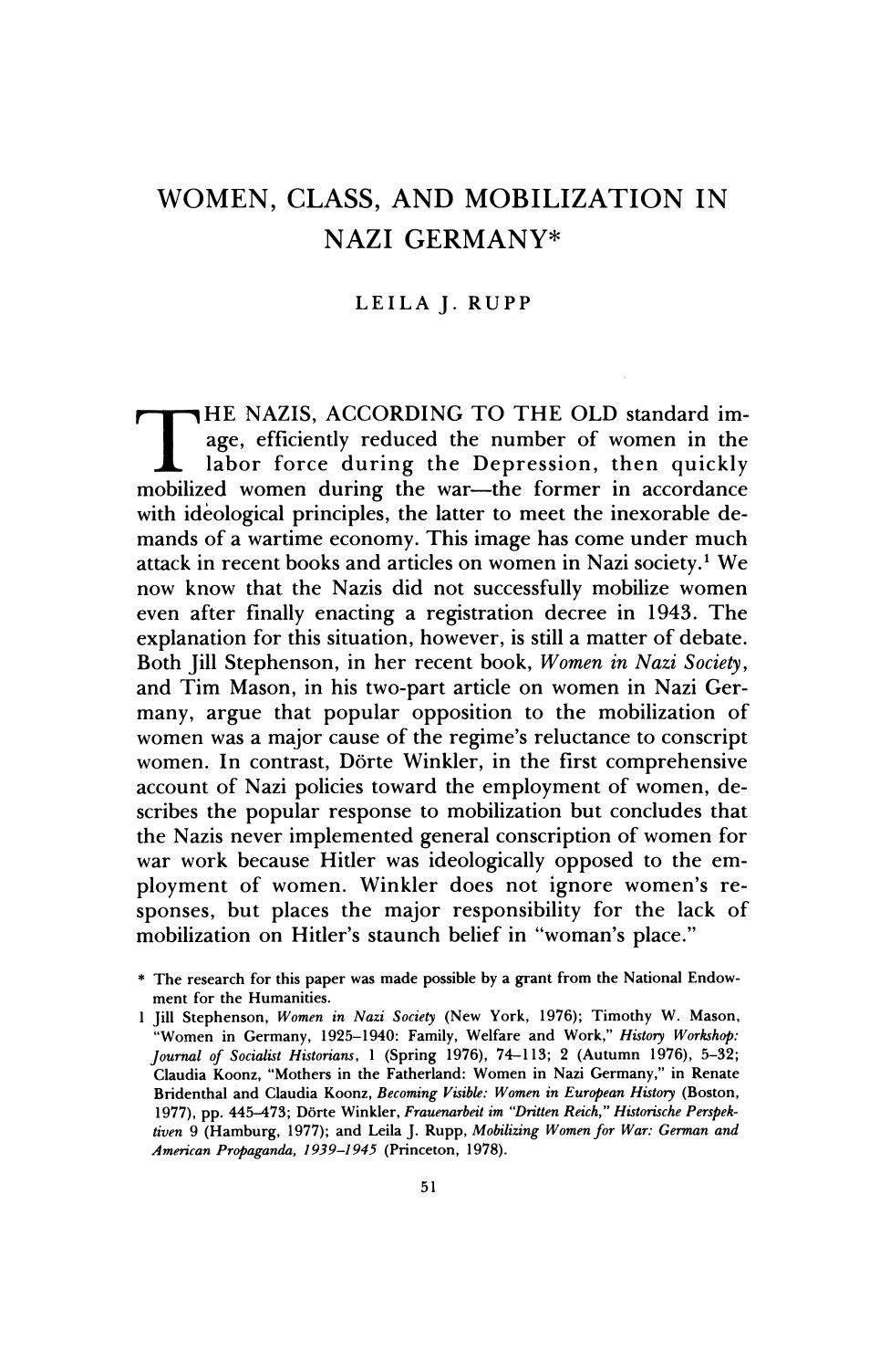 Women, Class, and Mobilization in Nazi Germany by Unknown