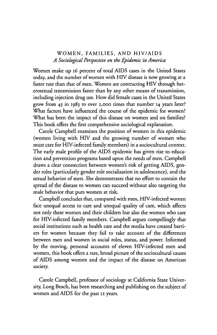 Women, Families and HIV AIDS: A Sociological Perspective on the Epidemic in America by Carole A. Campbell