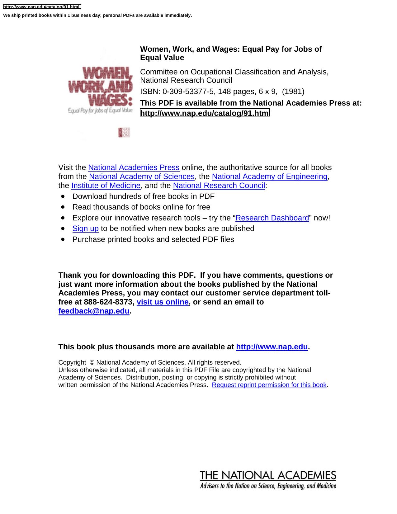 Women, Work and Wages: Equal Pay for Jobs of Equal Value by Donald J. Treiman & Heidi I. Hartmann