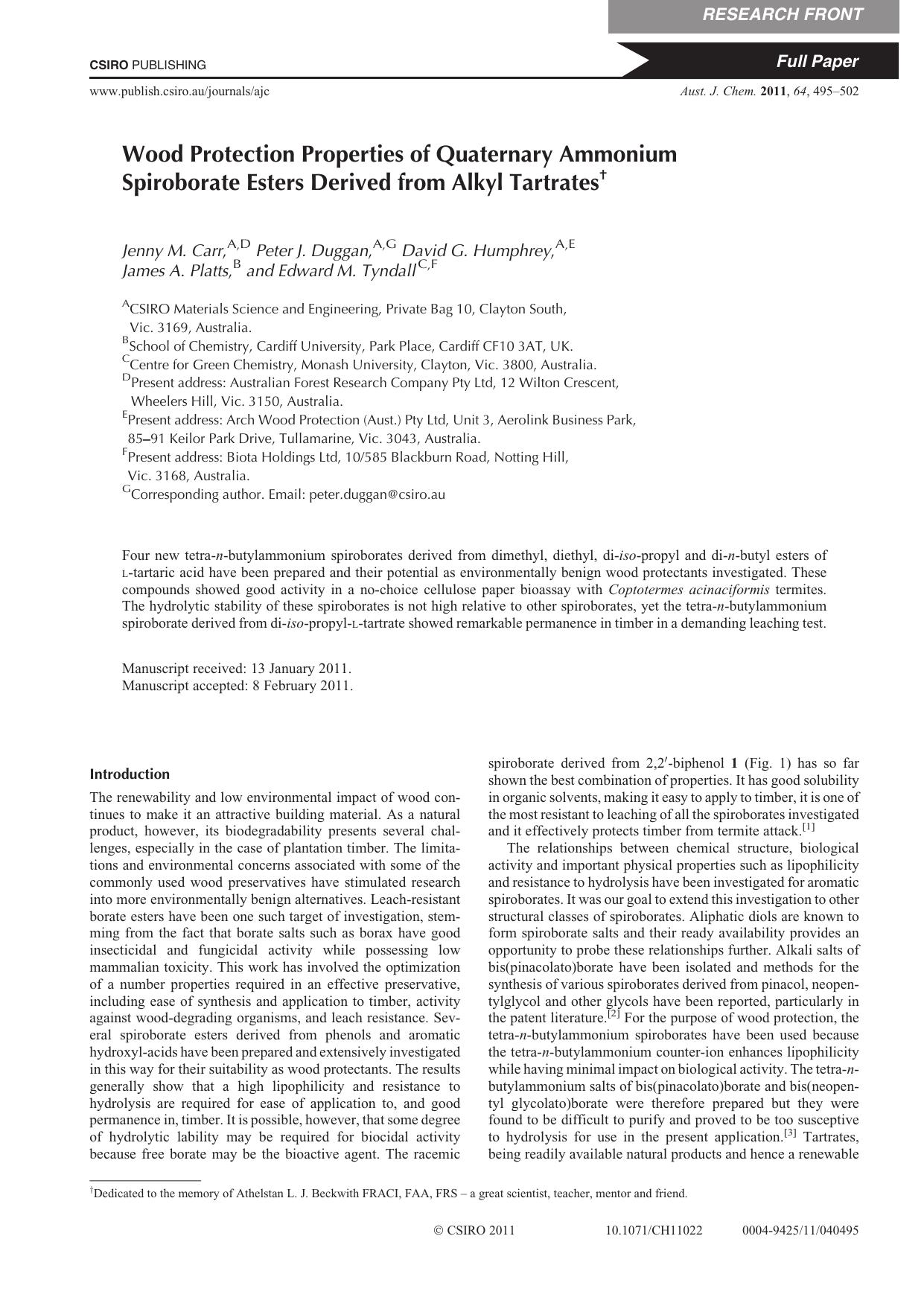 Wood Protection Properties of Quaternary Ammonium Spiroborate Esters Derived from Alkyl Tartrates&dagger; by J. M. Carr et al