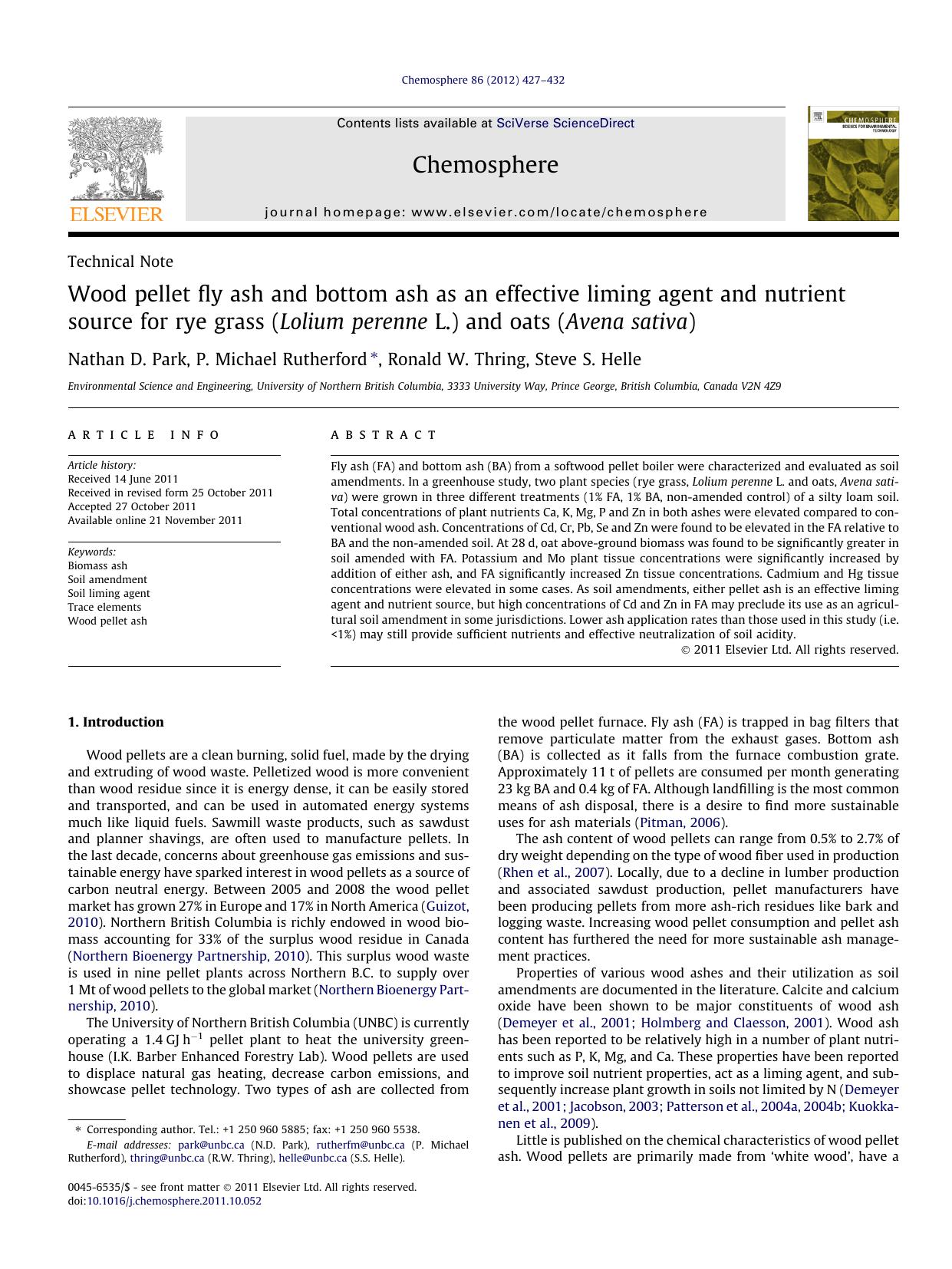 Wood pellet fly ash and bottom ash as an effective liming agent and nutrient source for rye grass (Lolium perenne L.) and oats (Avena sativa) by Nathan D. Park & P. Michael Rutherford & Ronald W. Thring & Steve S. Helle