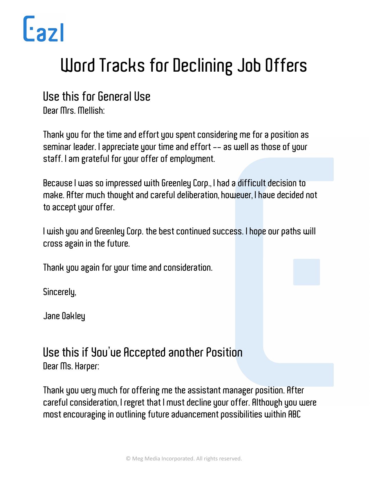 Word Tracks for Declining Job Offers by FunkBook
