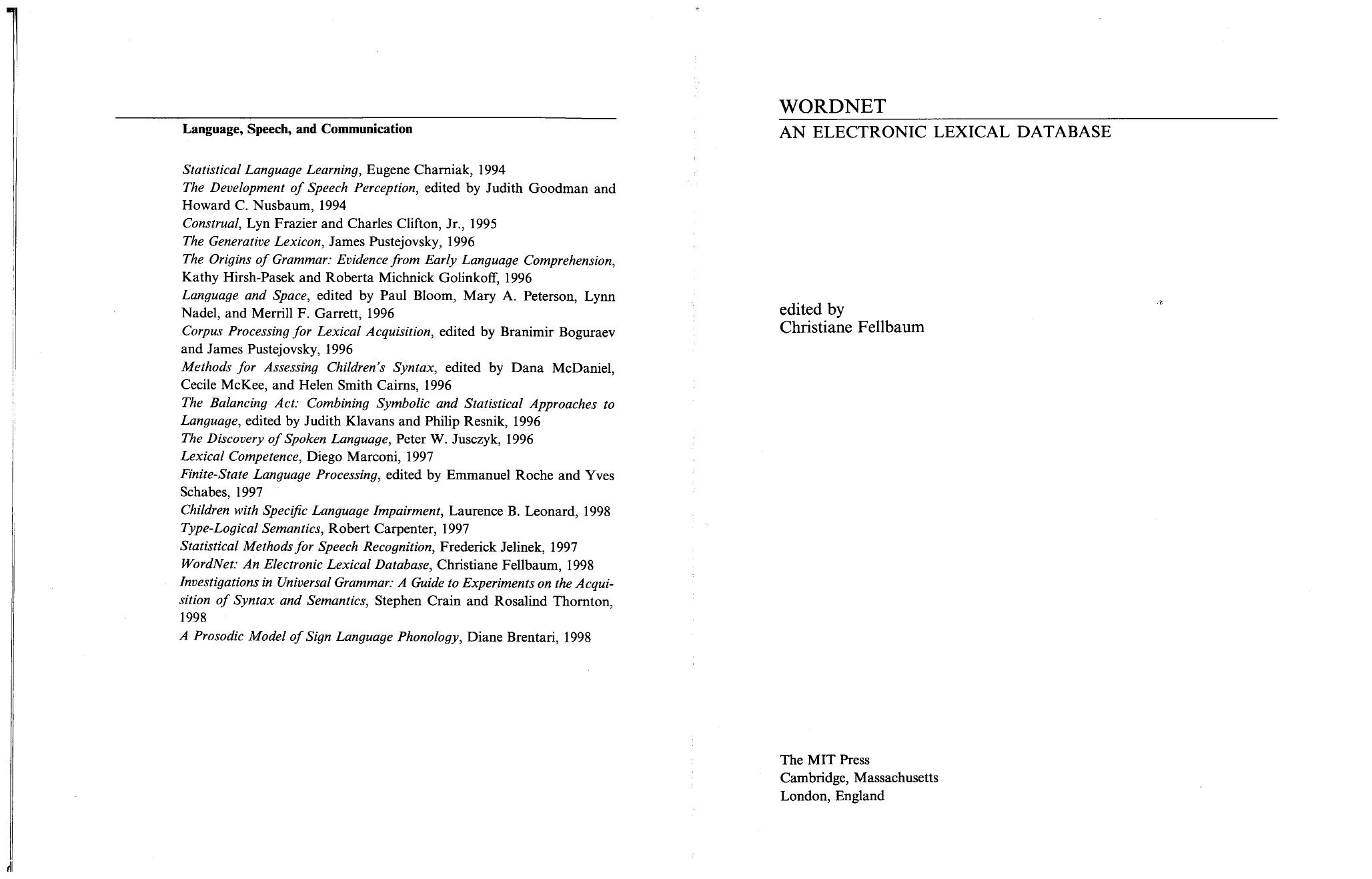 WordNet: An Electronic Lexical Database (Language, Speech, and Communication) by Christiane Fellbaum