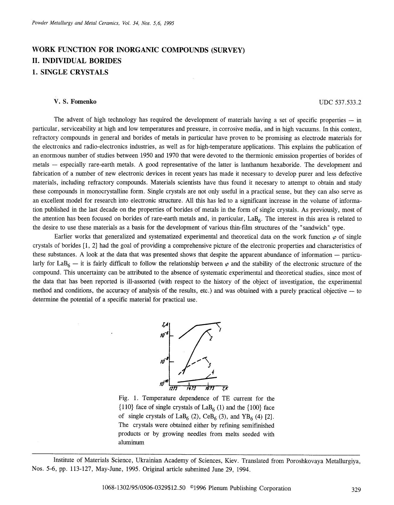 Work function for inorganic compounds (survey) II. Individual borides 1. Single crystals by Unknown