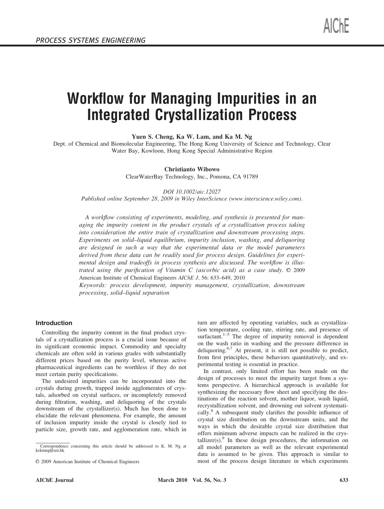 Workflow for managing impurities in an integrated crystallization process by Unknown
