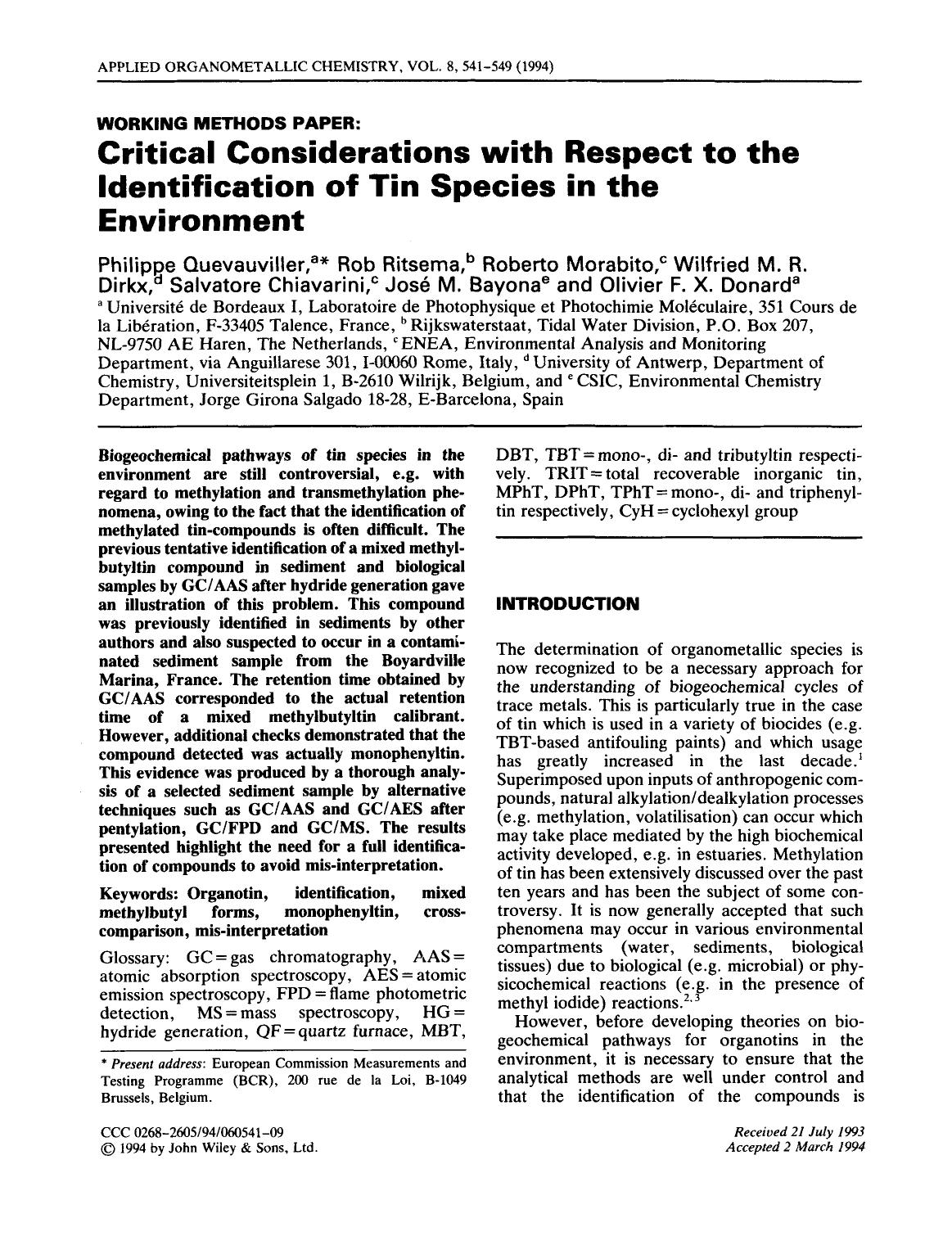 Working Methods Paper: Critical considerations with respect to the identification of tin species in the environment by Unknown