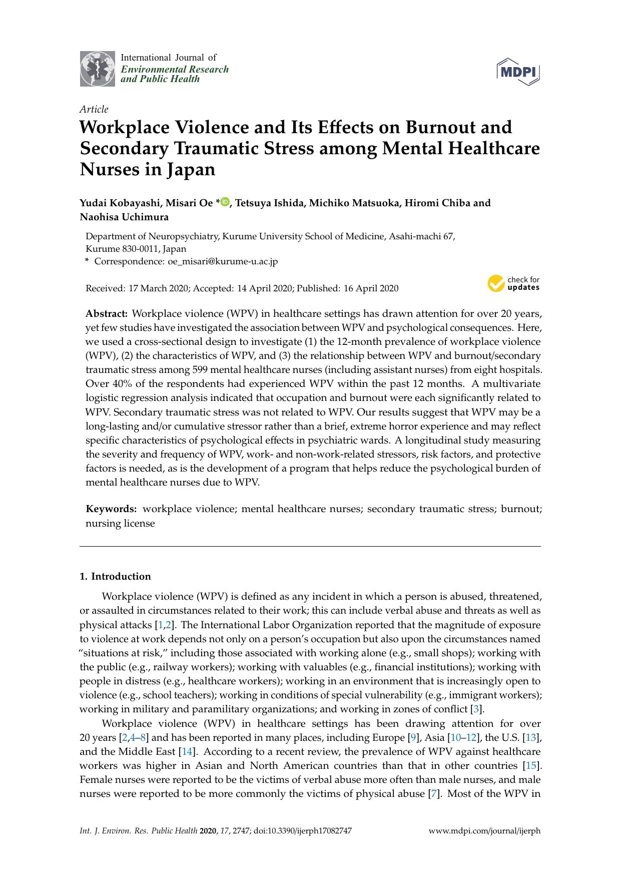 Workplace Violence and Its Effects on Burnout and Secondary Traumatic Stress among Mental Healthcare Nurses in Japan by Yudai Kobayashi