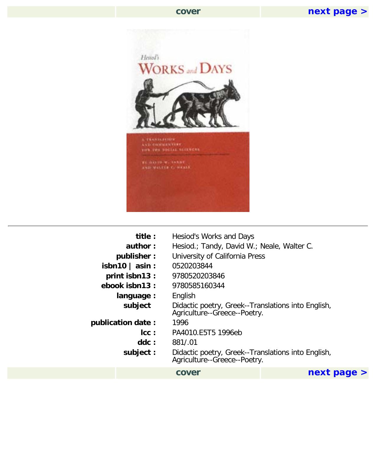 Works and Days: A Translation and Commentary for the Social Sciences by Hesiod