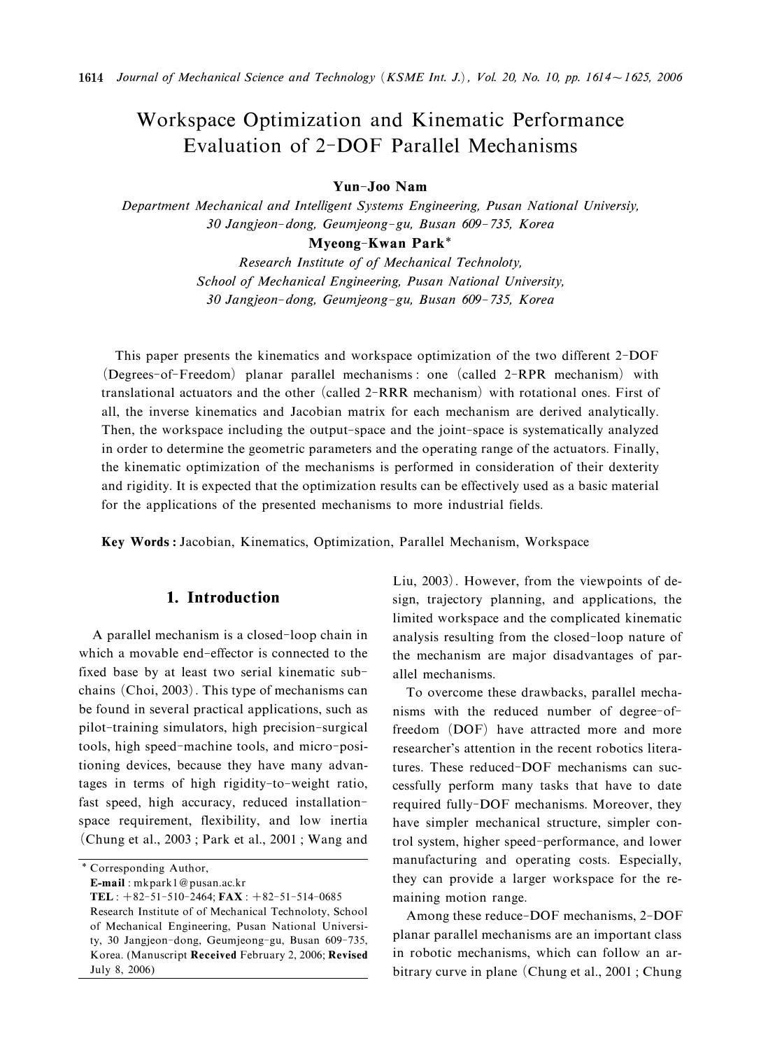 Workspace optimization and kinematic performance evaluation of 2-DOF parallel mechanisms by Unknown