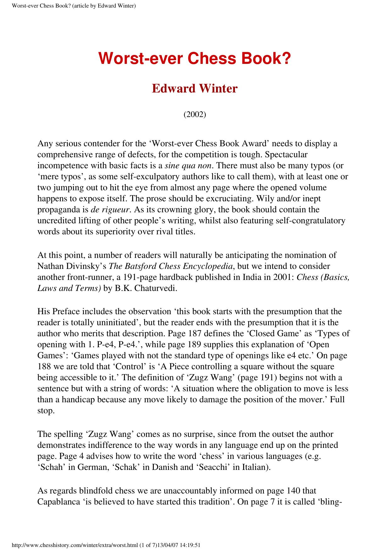 Worst-ever Chess Book? (article by Edward Winter) by Worst-ever Chess Book
