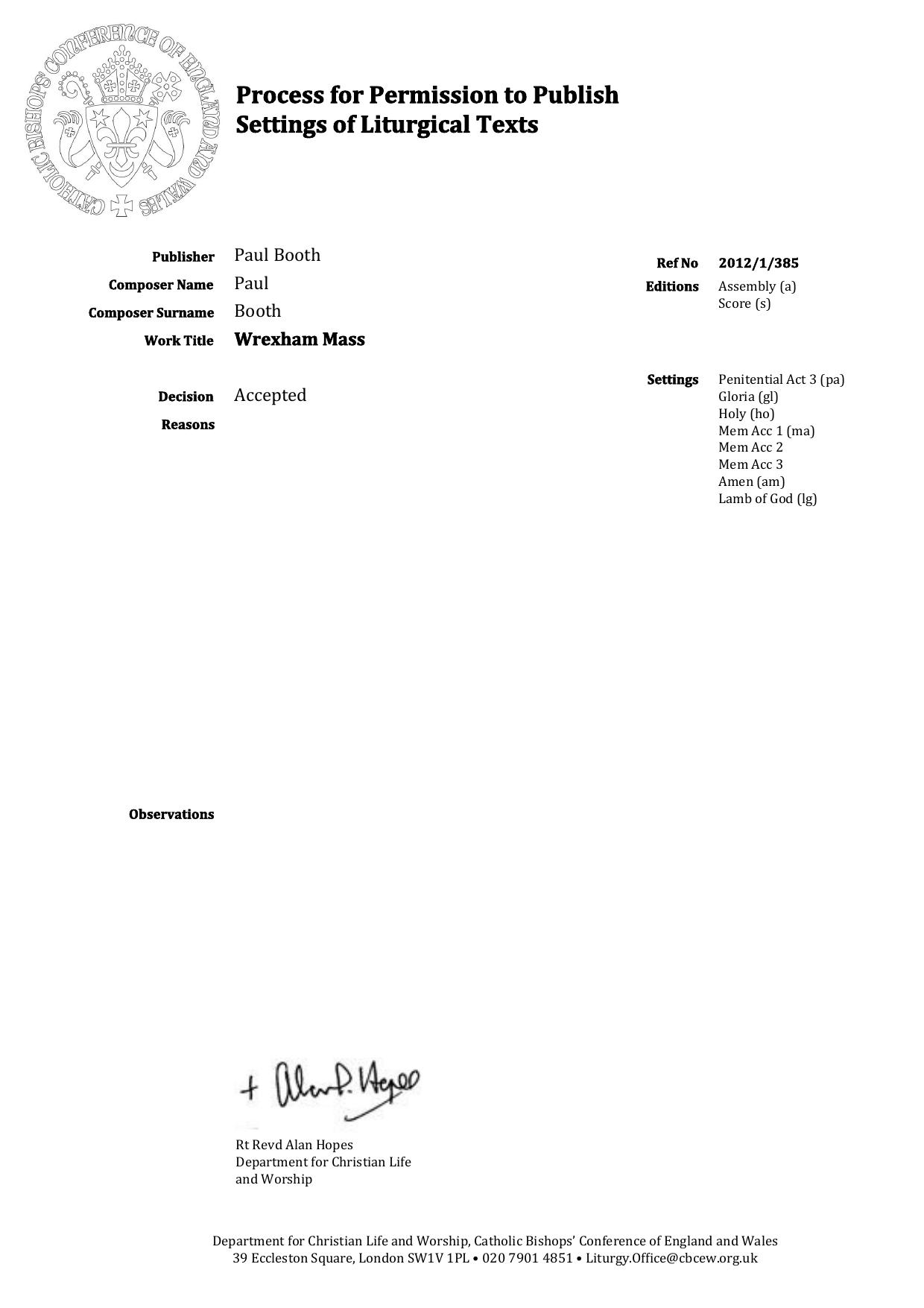 Wrexham Mass (Assembly and Full Score) by Paul Booth