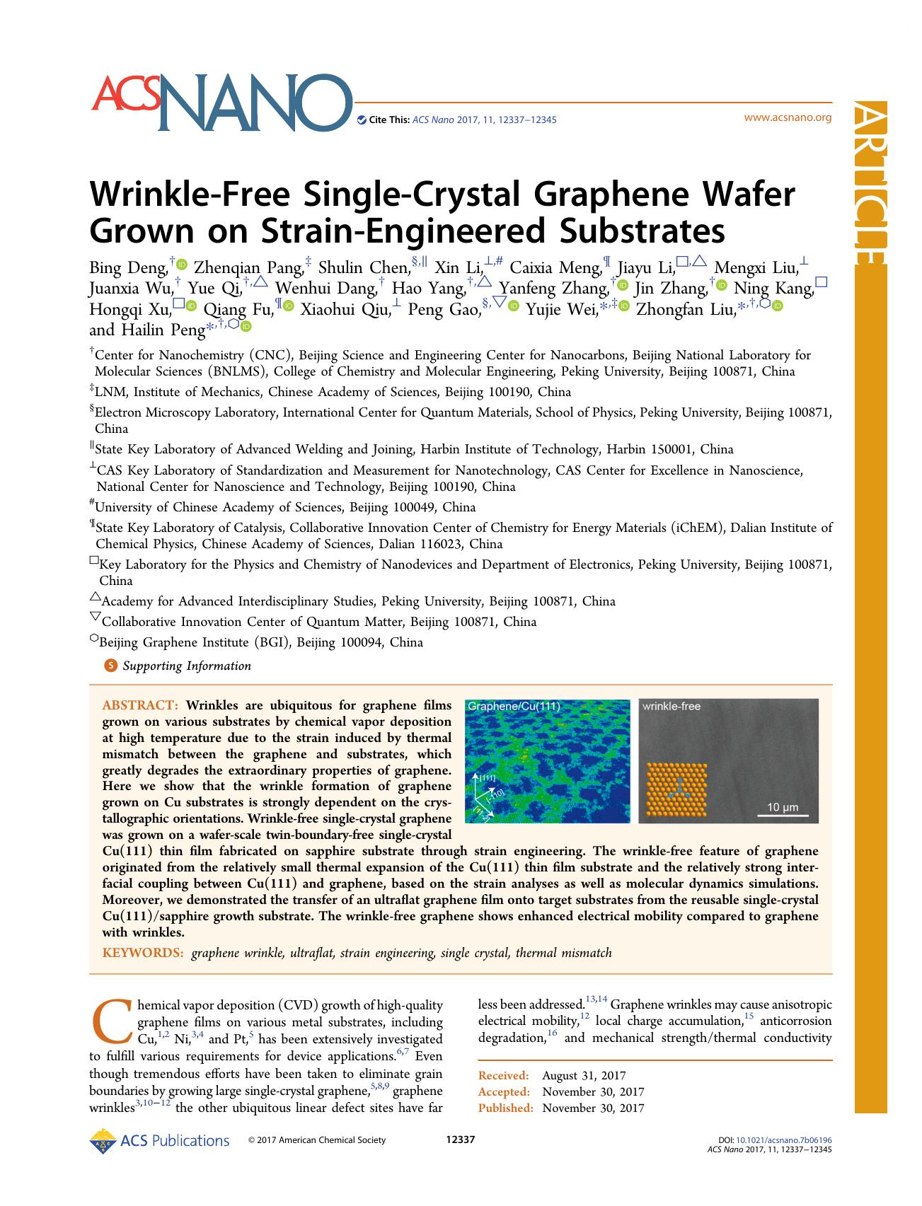 Wrinkle-Free Single-Crystal Graphene Wafer Grown on Strain-Engineered Substrates by unknow
